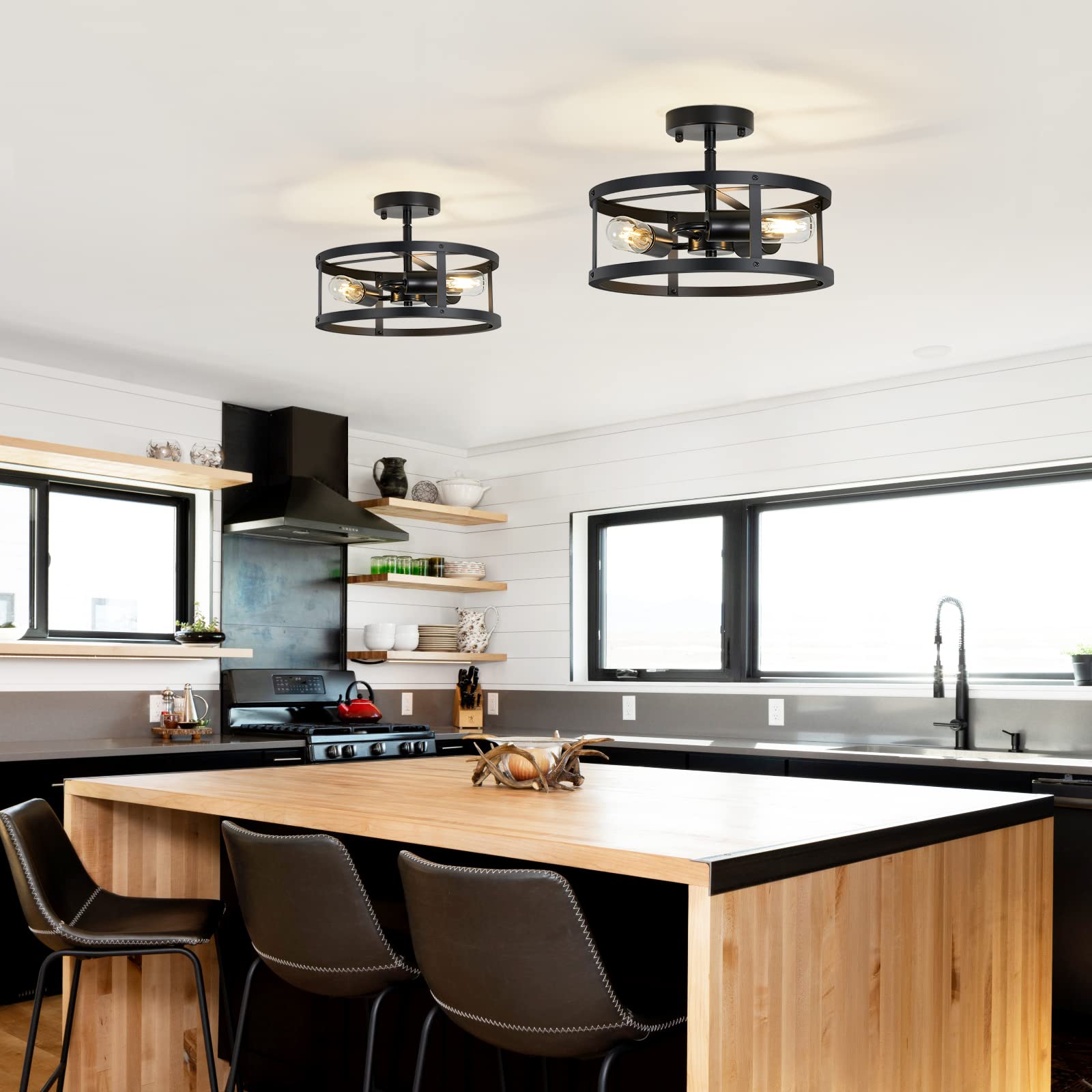 XPEHK 3-Light Semi Flush Mount Ceiling Light, Matte Black Metal Cage, Industrial Design, Model XPE10, 2 Pack