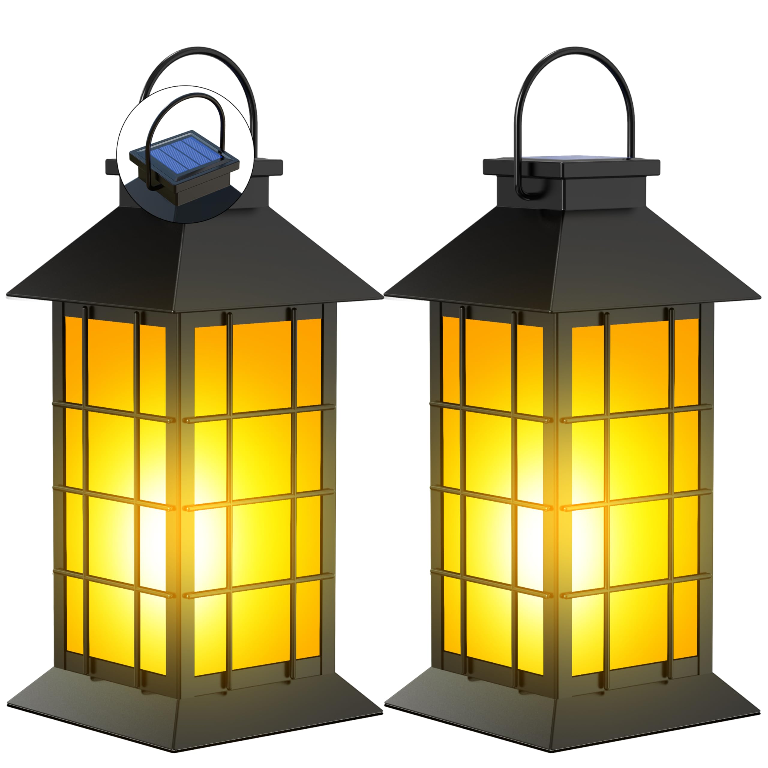 Anyperfect 2 Pack 13 Black Solar Lantern With Flickering Flame Candle | Outdoor Waterproof Hanging Solar Lanterns  Metal & Glass Lights For Garden Decoration  Rustic Gifts For Mom