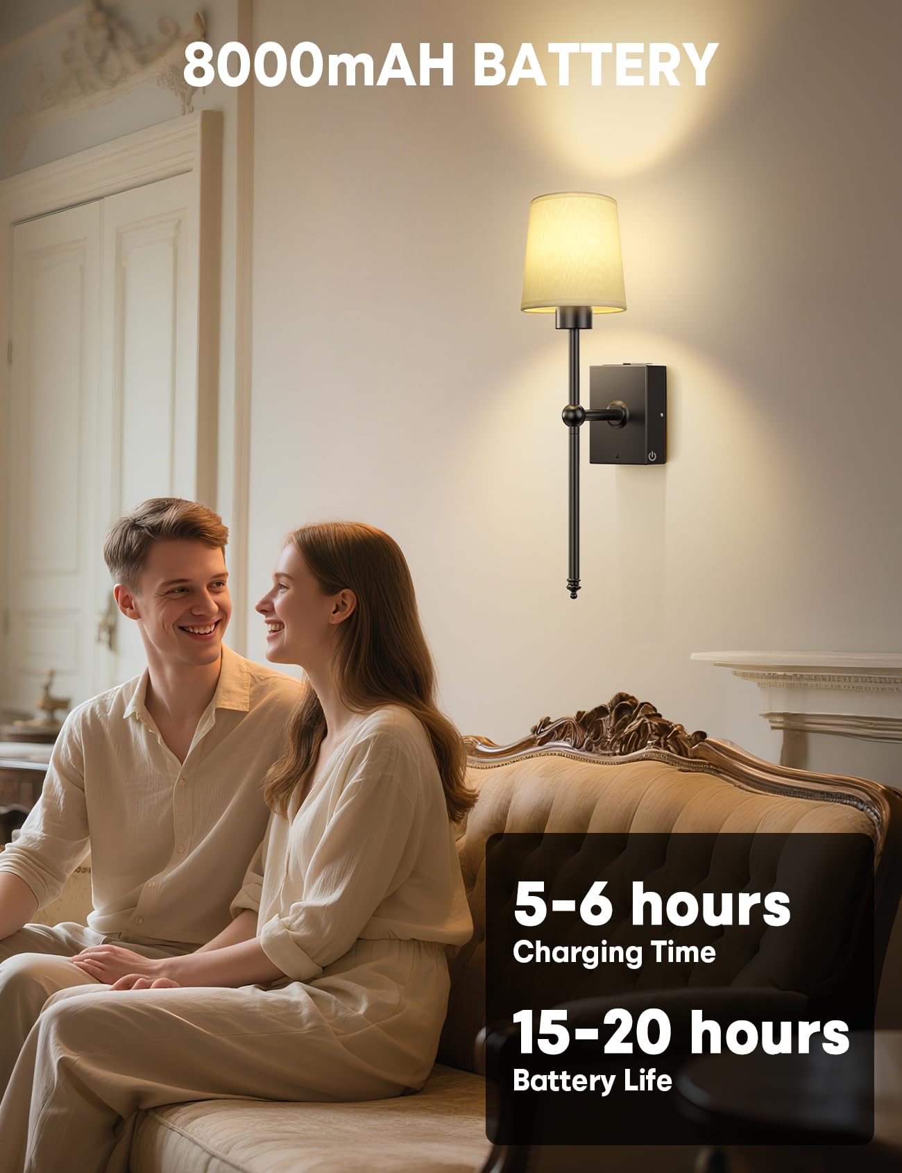 TOOWELL Battery Operated Wall Sconce Set of 2, Dimmable LED, Black, 8000mAh, Wireless Remote, Ideal for Home Decor