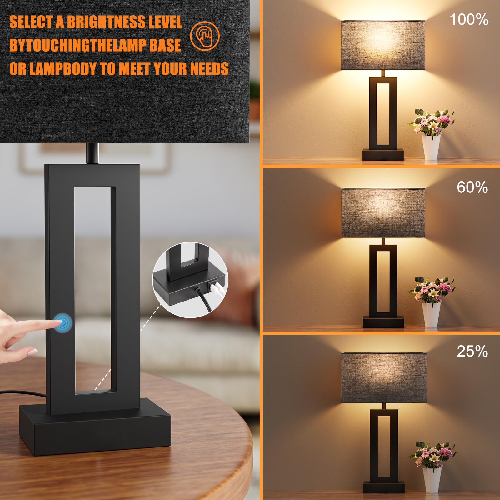Nightstand Table Lamps For Bedrooms Set Of 2 - Touch Bedside Lamp With Usb C+A, 3 Way Dimmable Living Room Lamps For End Tables