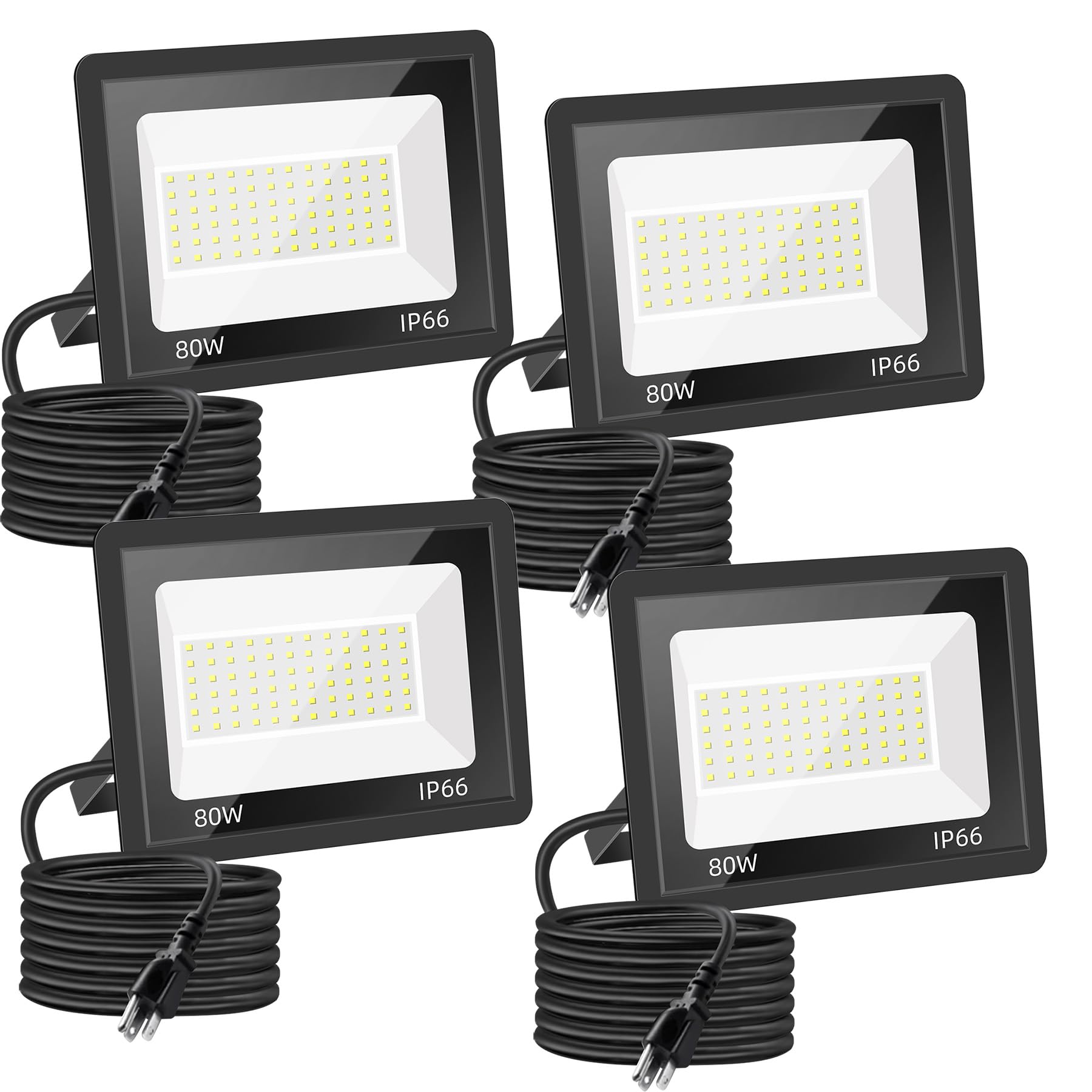 Gopretty 80W Outdoor Flood Lights with Plug  12000lm Bright Work Light with 5ft Cord  6000K Daylight White Exterior LED Floodlight  IP66 Waterproof Security Light Yard Lights for Garage Stadium 4 Pack