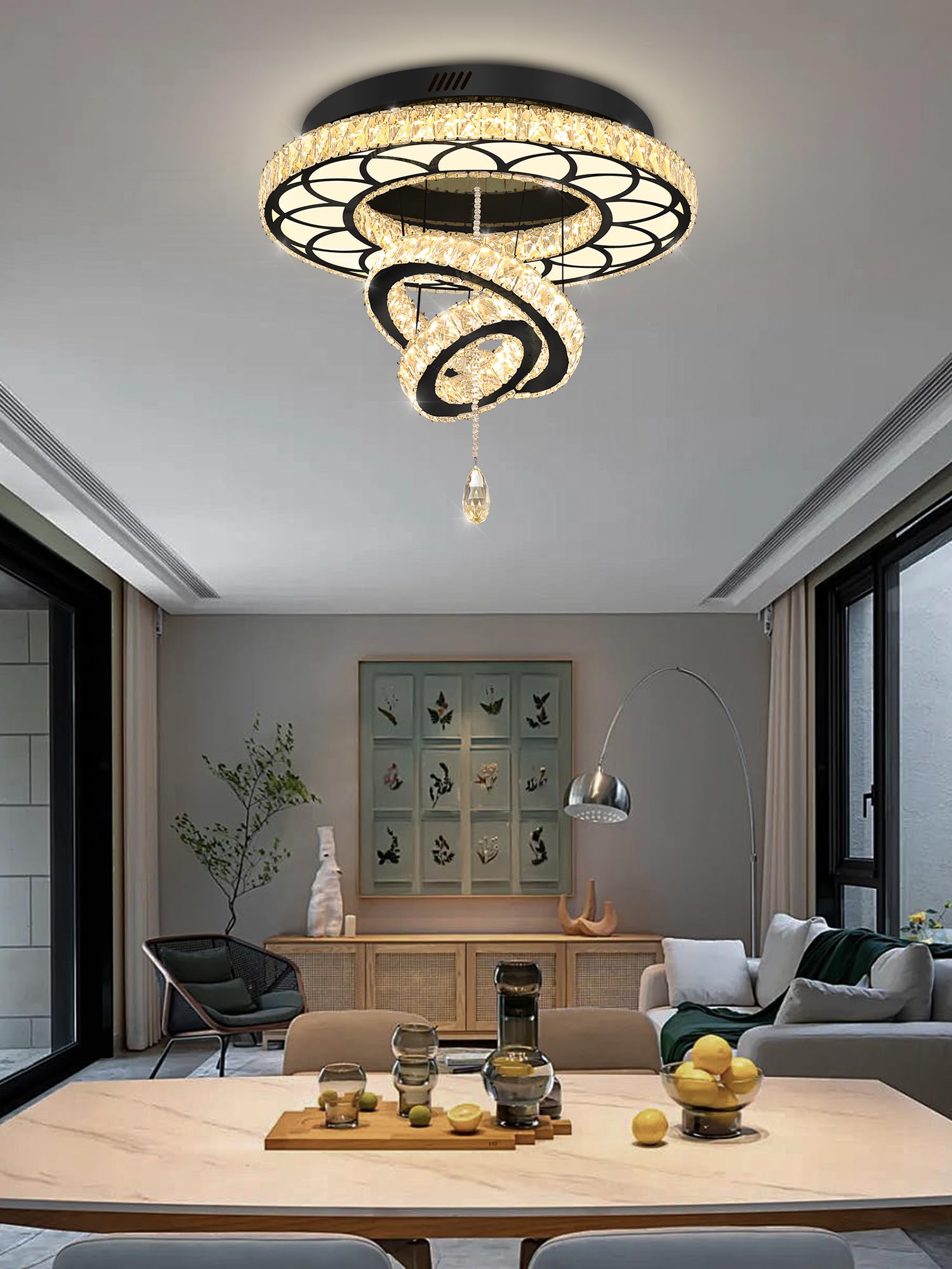 Flashing God 24" Crystal Chandelier LED Flush Mount Ceiling Light - Black, Dimmable 2700k/4500k/6000k, Model MMQ0268-60-H