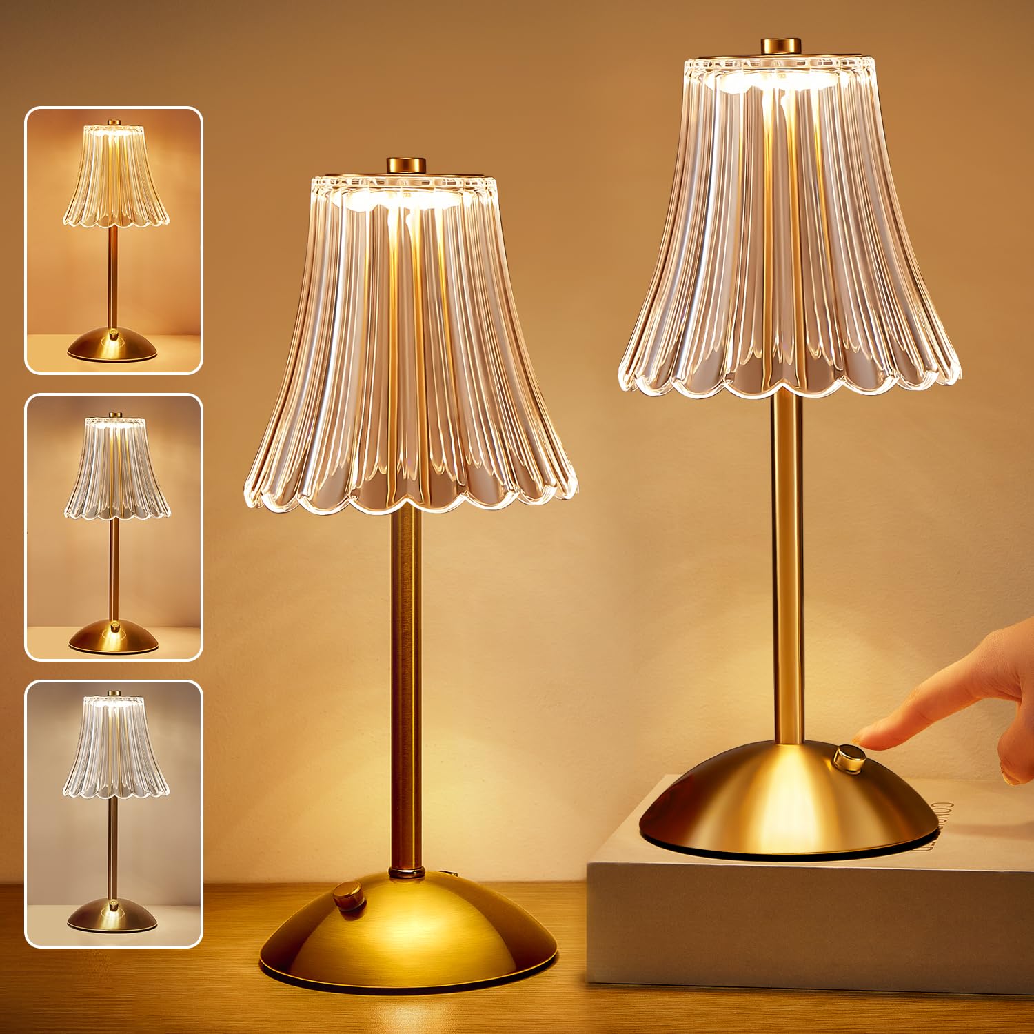Table Lamps Set of 2, 3 Colors Bedside Lamps Set of 2, Dimmable Bedroom Lamps Set of 2, Rechargeable Nightstand Lamps Set of 2, 