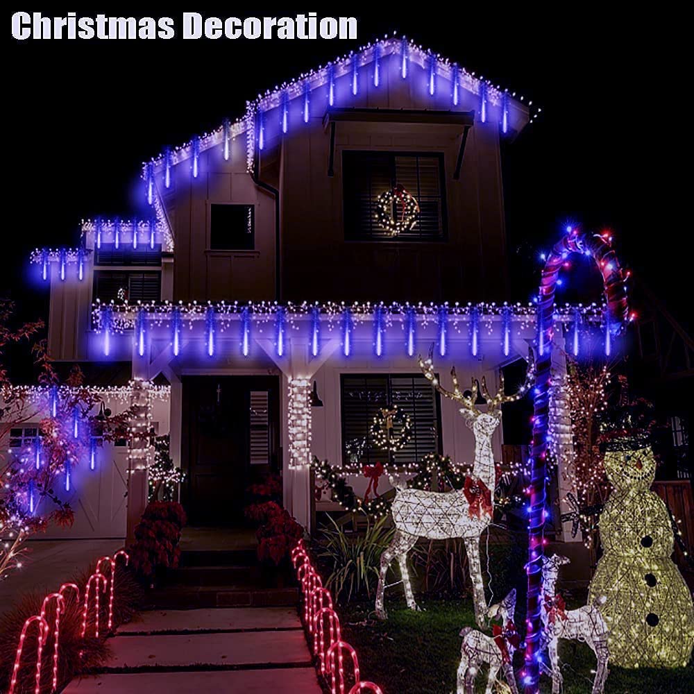 Kordain Outdoor Christmas Lights, 12 Falling Rain Icicle Lights, 8 Tubes, 144 Led, Blue, Model Kordain-02, 26.9Ft, Copper