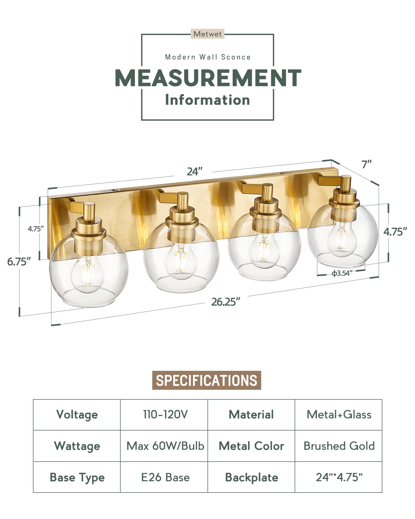 Metwet Bathroom Light Fixtures, 4 Light Brushed Gold Vanity Light, 26 Inch Modern Wall Sconces With Globe Clear Glass Shade, Van