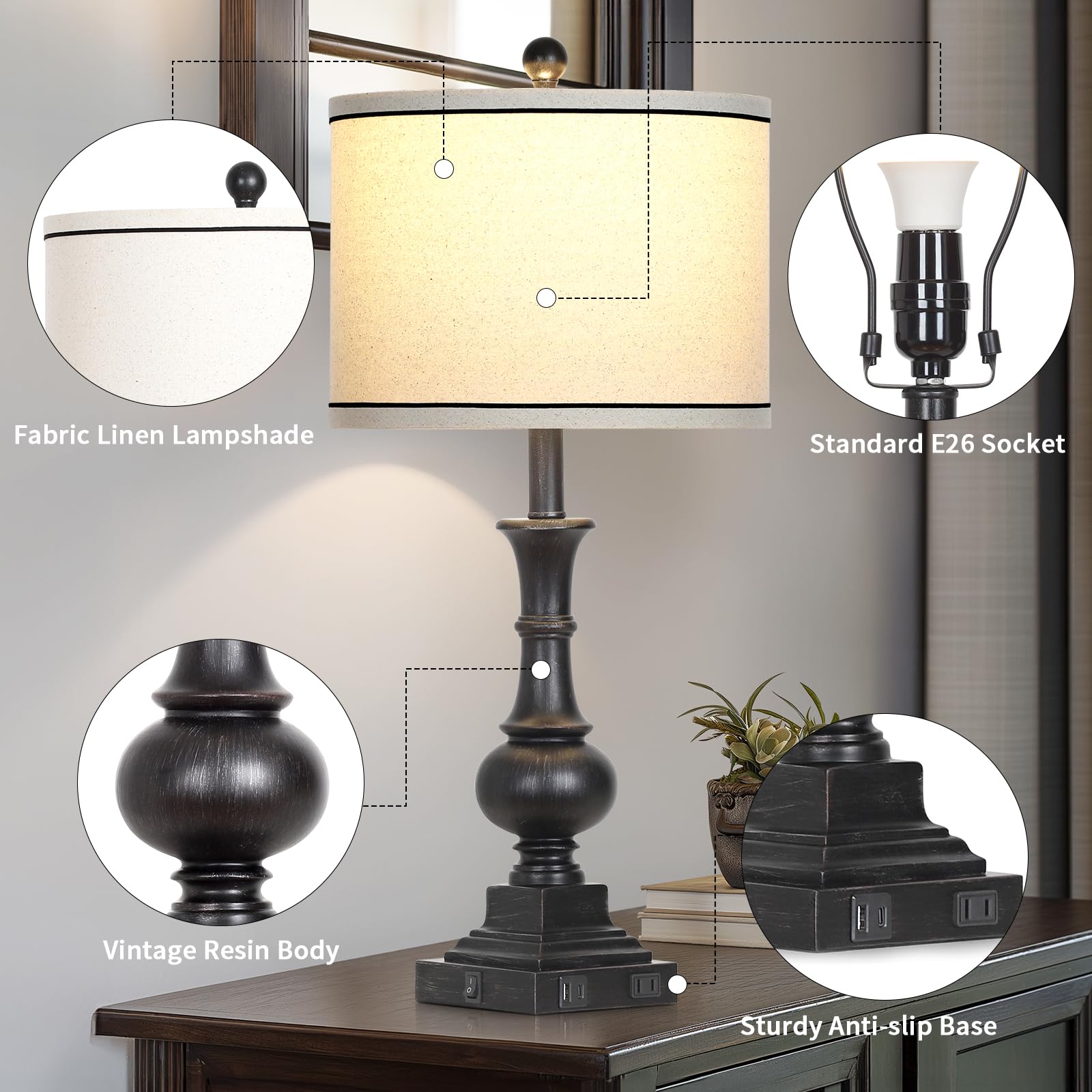 Farmhouse Lamps Set Of 2, Antique Vintage Rustic Touch Control Table Lamps With Usb A+C Ports & Ac Outlet, Retro Classic Bedside