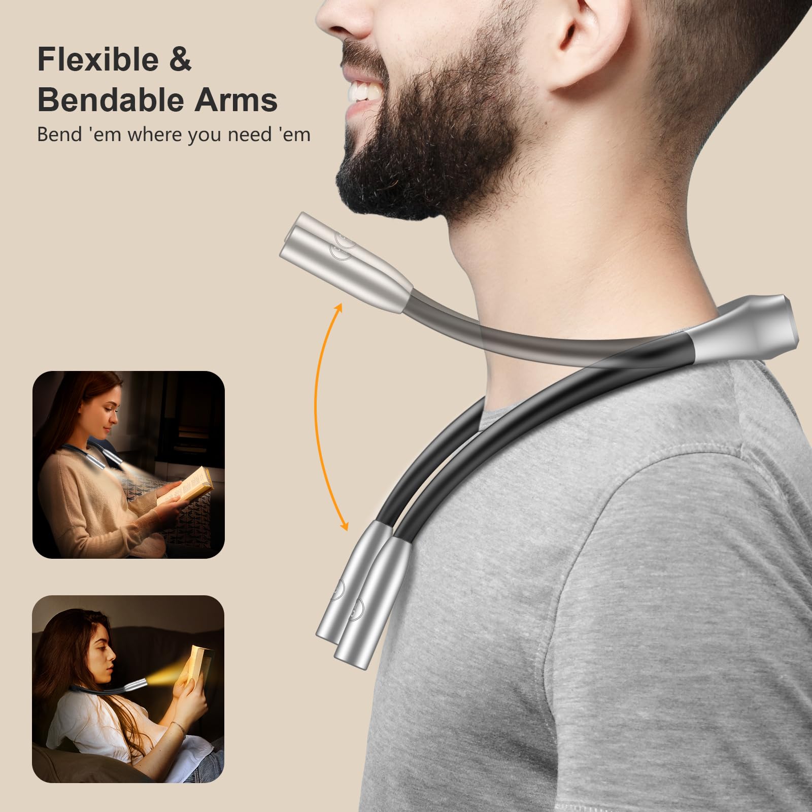 Gritin LED Neck Reading Light - Dimmable, Eye-Caring, 80+ Hrs Runtime, Gray, Model G1337, Lightweight for Crafting & Knitting