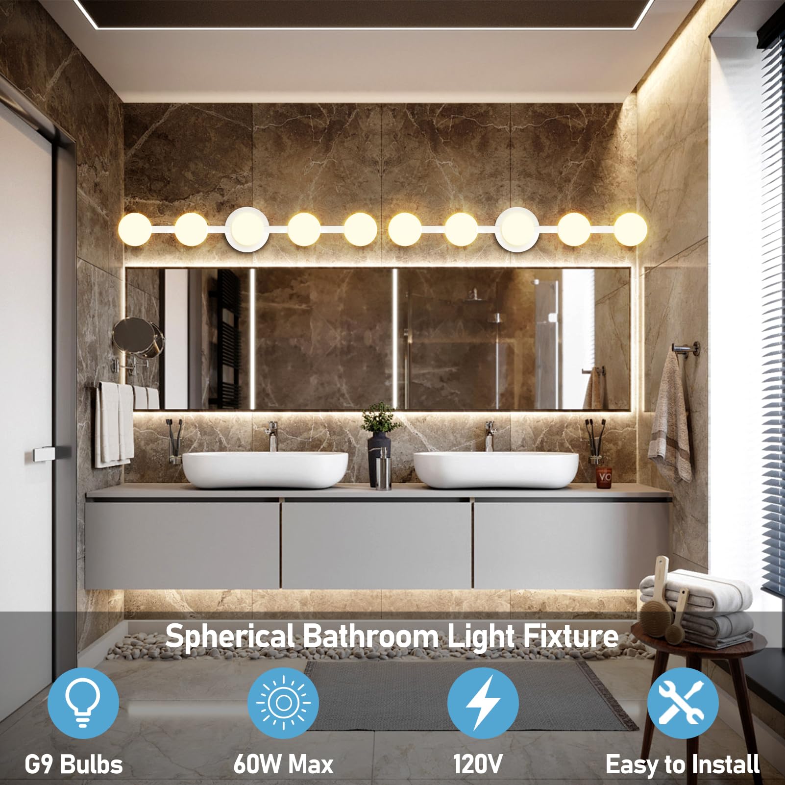Lightdot 5-Light Bathroom Vanity Light, Modern White with Globe PC Lampshade, Rust-Proof, 31in Over Mirror Fixture