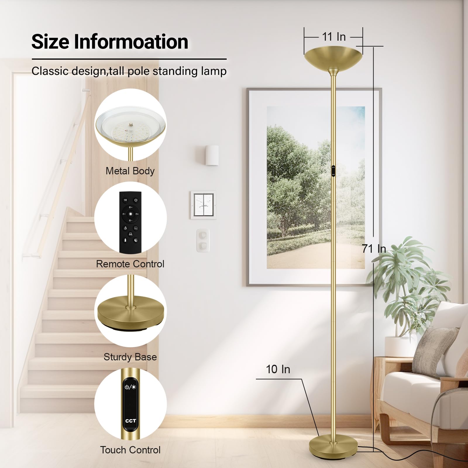 Boostarea Dimmable Floor Lamp 30W 3000Lm Super Bright Led Torchiere Standing Lamp With Remote & Touch Control 71 In Tall Pole Sky Modern Floor Lamps For Living Room Bedroom Office 2700K-6500K Gold