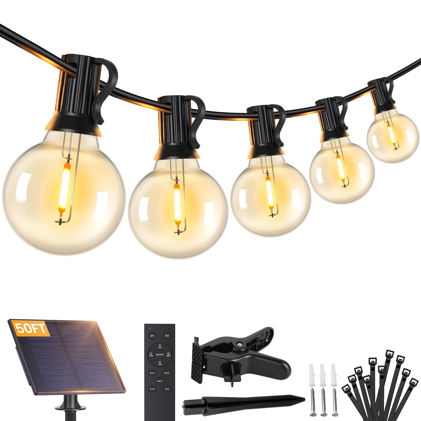 Brightever 50FT Solar String Lights Outdoor with Remote, 18+1 LED Shatterproof G40 Bulbs, 3 Lighting Modes & Timable, Waterproof