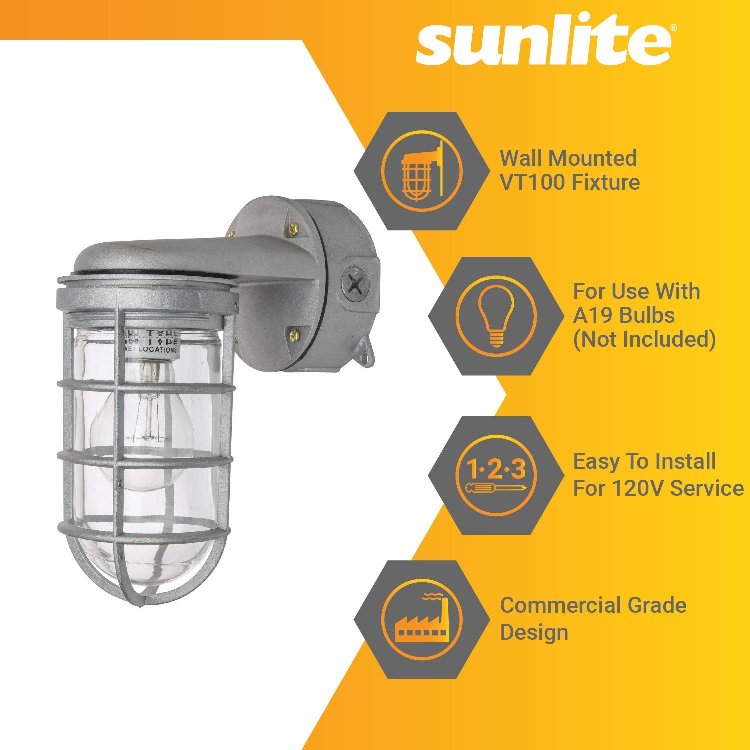 Sunlite Vaporproof Industrial Jar Light Fixture, Medium Base Socket (E26), Wall Mount, 100W Max, 120V, For Security Construction