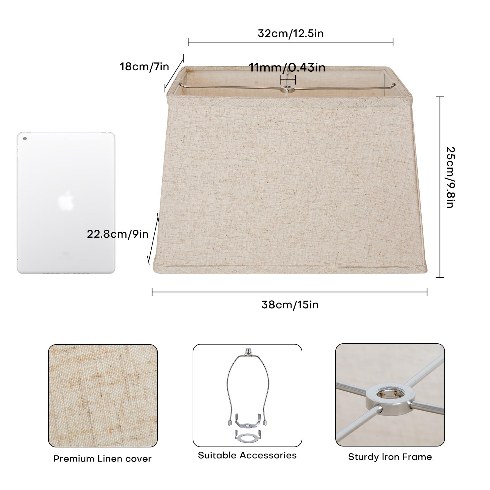 Rectangular Lampshade, Large Beige Lamp Shade, (7 X 12.5) '' X (9 X 15) '' X 9.8 '', Includes 1 Shade Bracket, 2 Adapters, Suita