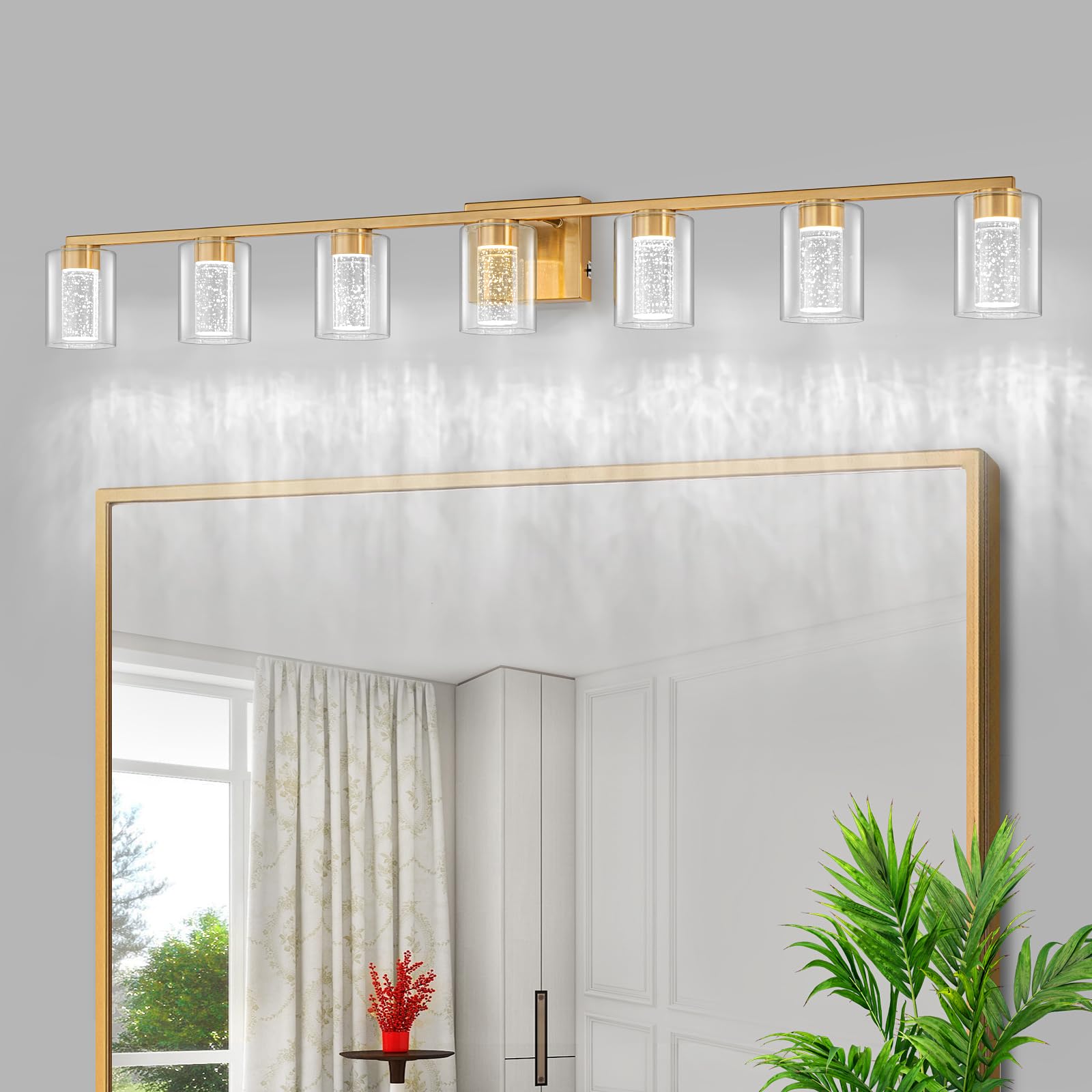 SineRise 7-Light Gold Vanity Light Fixture, Dimmable LED, Eye Protection, 3 Color Modes, Model 6936cca7, Stainless Steel