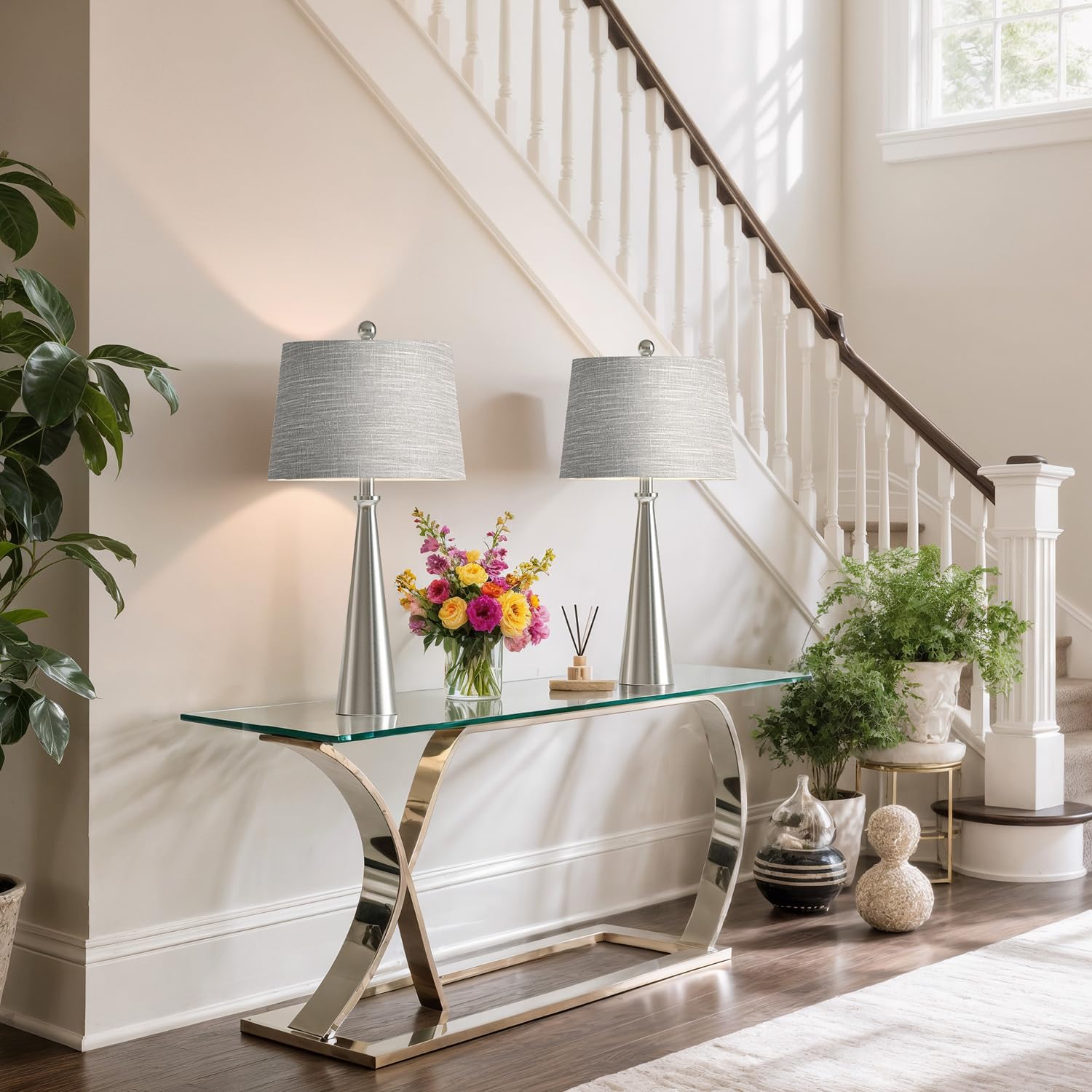 Oneach 25.75'' Modern Table Lamp Set Of 2, Bedside Lamps With Usb Ports, Silver Nightstand Lamps Set For Living Room Bedroom Hou