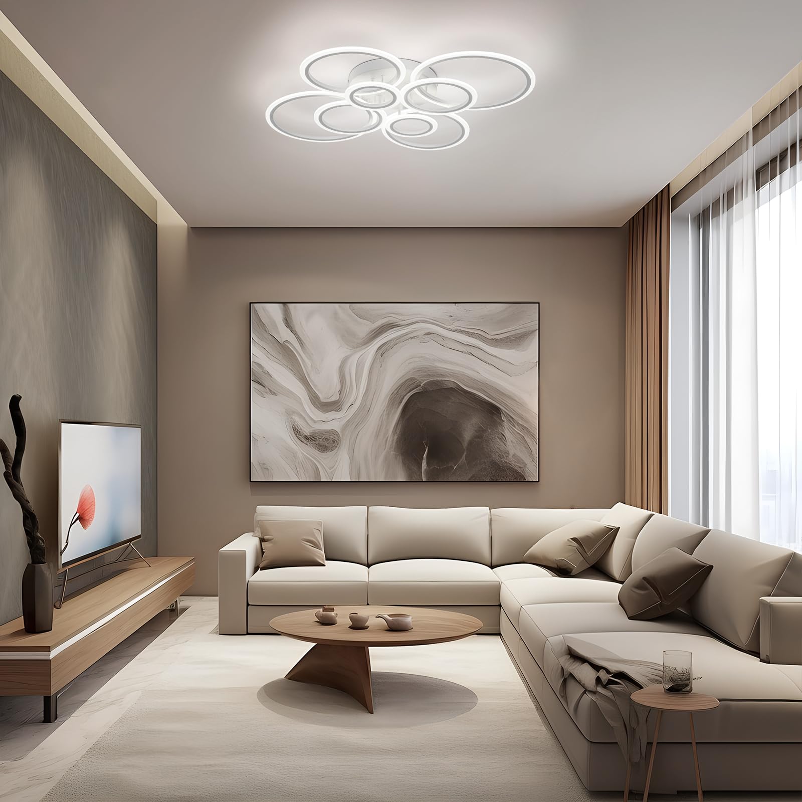 Teminbu Modern Led Ceiling Light, White 8 Rings Flush Mount Ceiling Light, 4000K Lighting Fixture Ceiling Lamp For Kitchen, Bedr