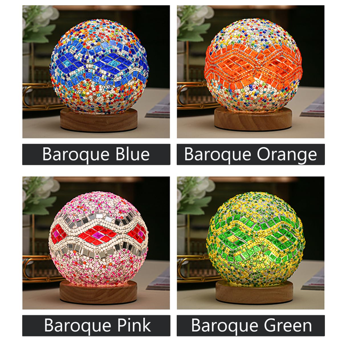 HAIDOLIANG Boho Lamp Mosaic Glass Table Lamp D:4.7in x H:5.2in USB Powered Mediterranean - Blue Wooden Base