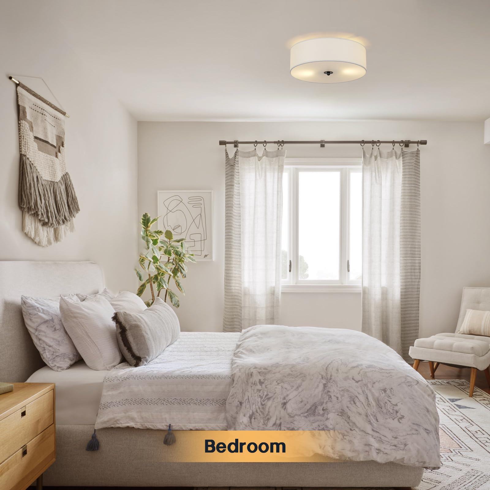 Calokes Flush Mount Ceiling Light Fixture, 13'' Close To Ceiling Light With White Fabric Linen Drum Shade, 2-Light Modern Round