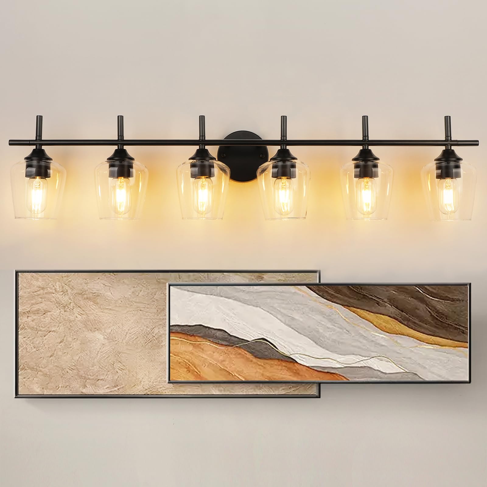 foucasal Bathroom Vanity Light Fixture, 6-Light Modern Matte Black Wall Lamp with Clear Glass Shade for Bathroom and Hallway