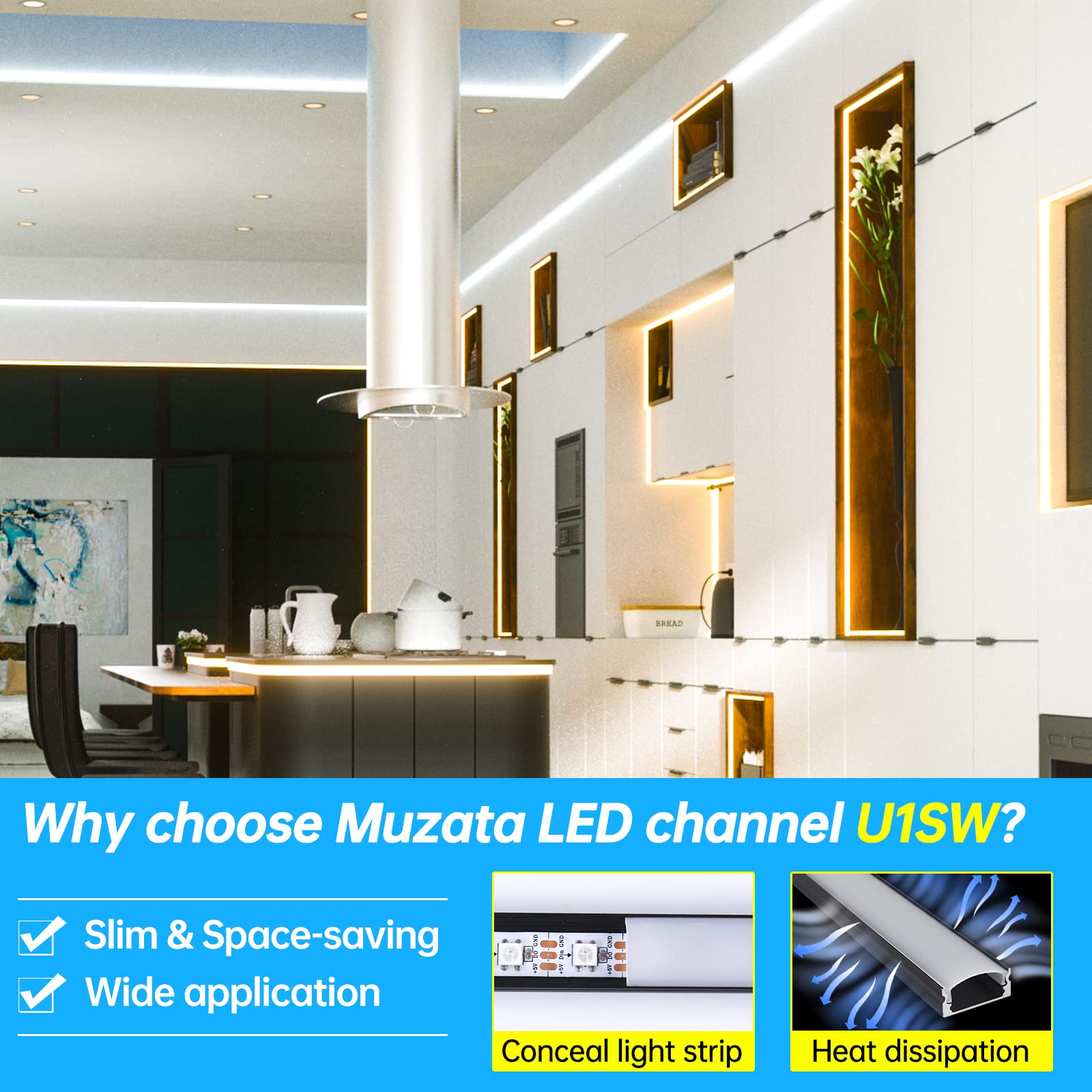 Muzata LED Channel Black Aluminum U Shape Diffuser 3.3FT/1M with Milky White Cover, Model U1SW
