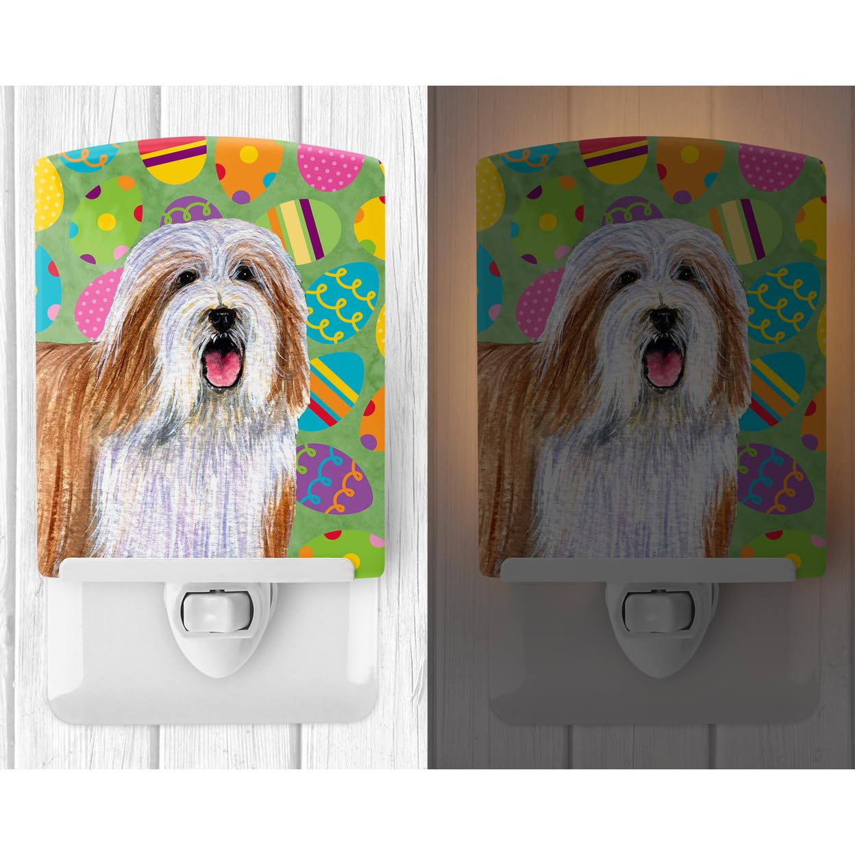 Caroline'S Treasures Lh9420Cnl Bearded Collie Easter Eggtravaganza Ceramic Night Light Compact, Ul-Certified, Ideal For Bedroom, Bathroom, Nursery, Hallway, Kitchen, 6X4X3, Multicolor
