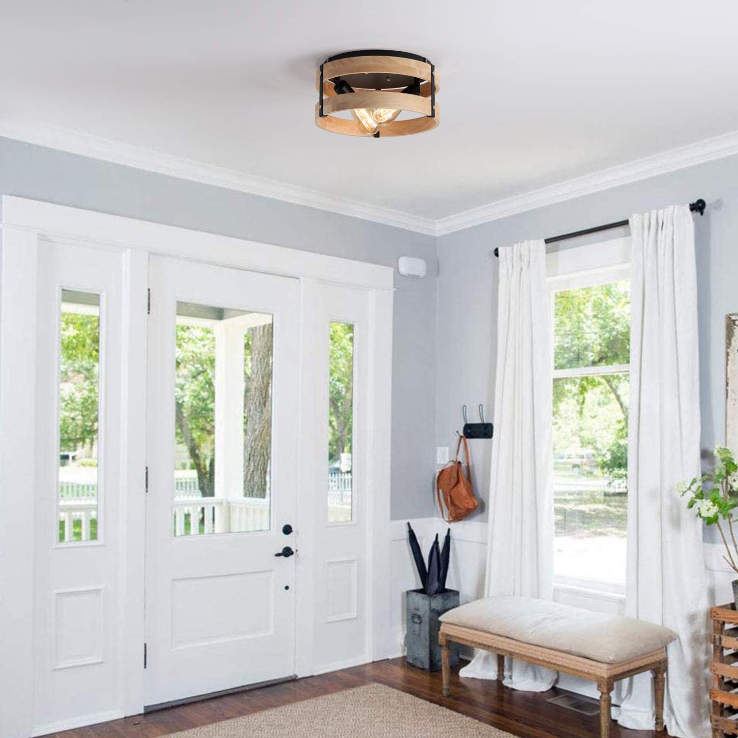 Fivess Lighting Modern Farmhouse Flush Mount Light Fixture, Two-Light, Wood and Metal, Light Yellow, Model fss6201