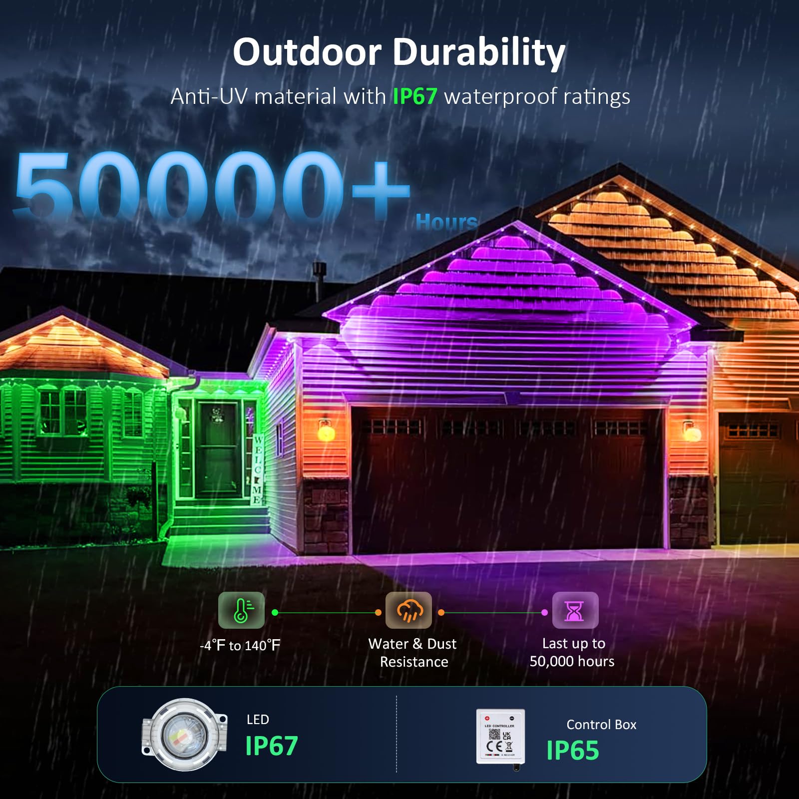 IVRICH 500FT Smart RGB Outdoor Lights, IP67 Waterproof, Music Sync, APP/Remote Control, 2 Rolls, White, Model 5050