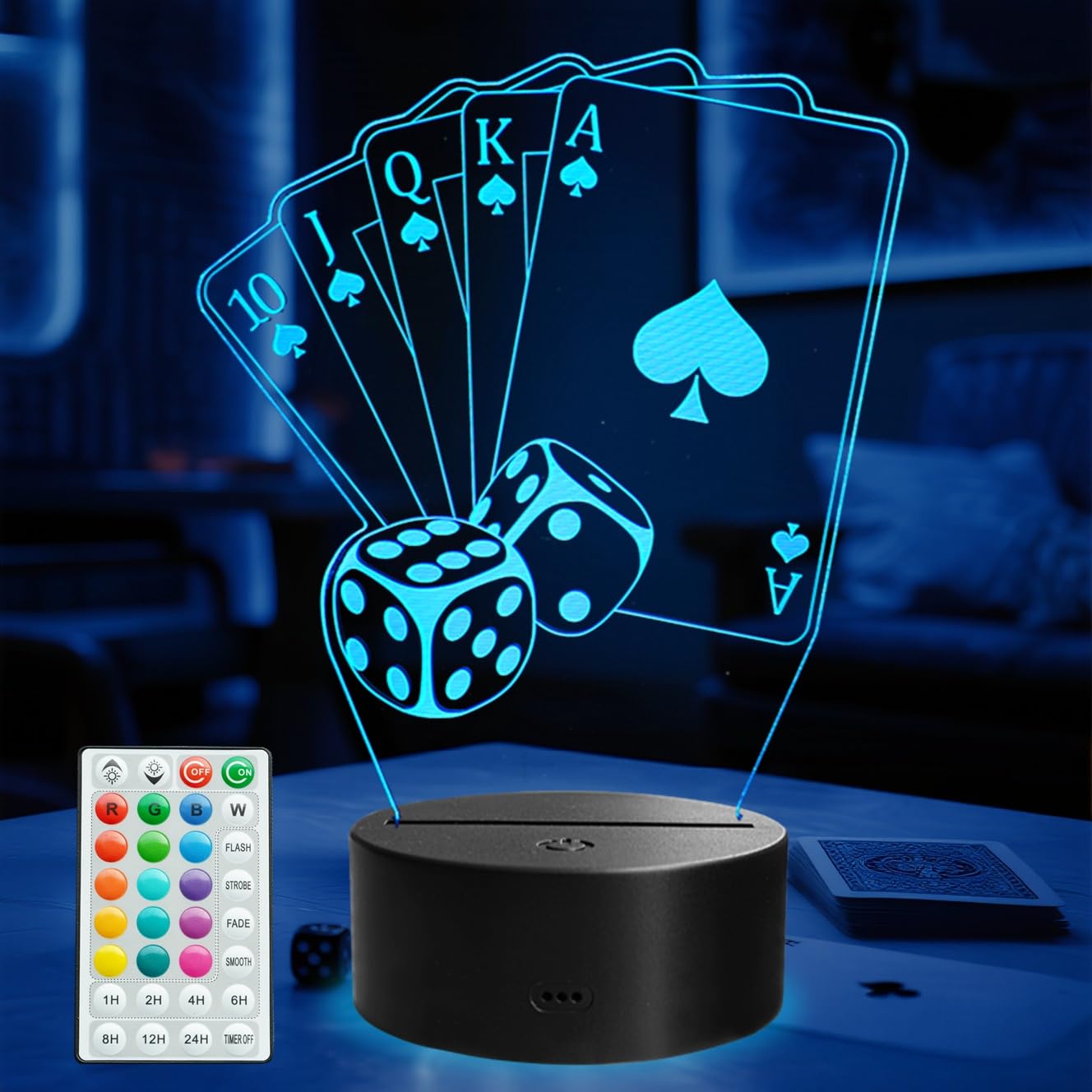 POSSHE Card Game Night Light  3D Illusion Lamp with 16 Colors Changing  Timer  4 Flash Modes and Dimmable  Card Game Cards Decor Playing Cards Dice for Gaming Venue Decorations  Man Cave Lights Card Game Accessories