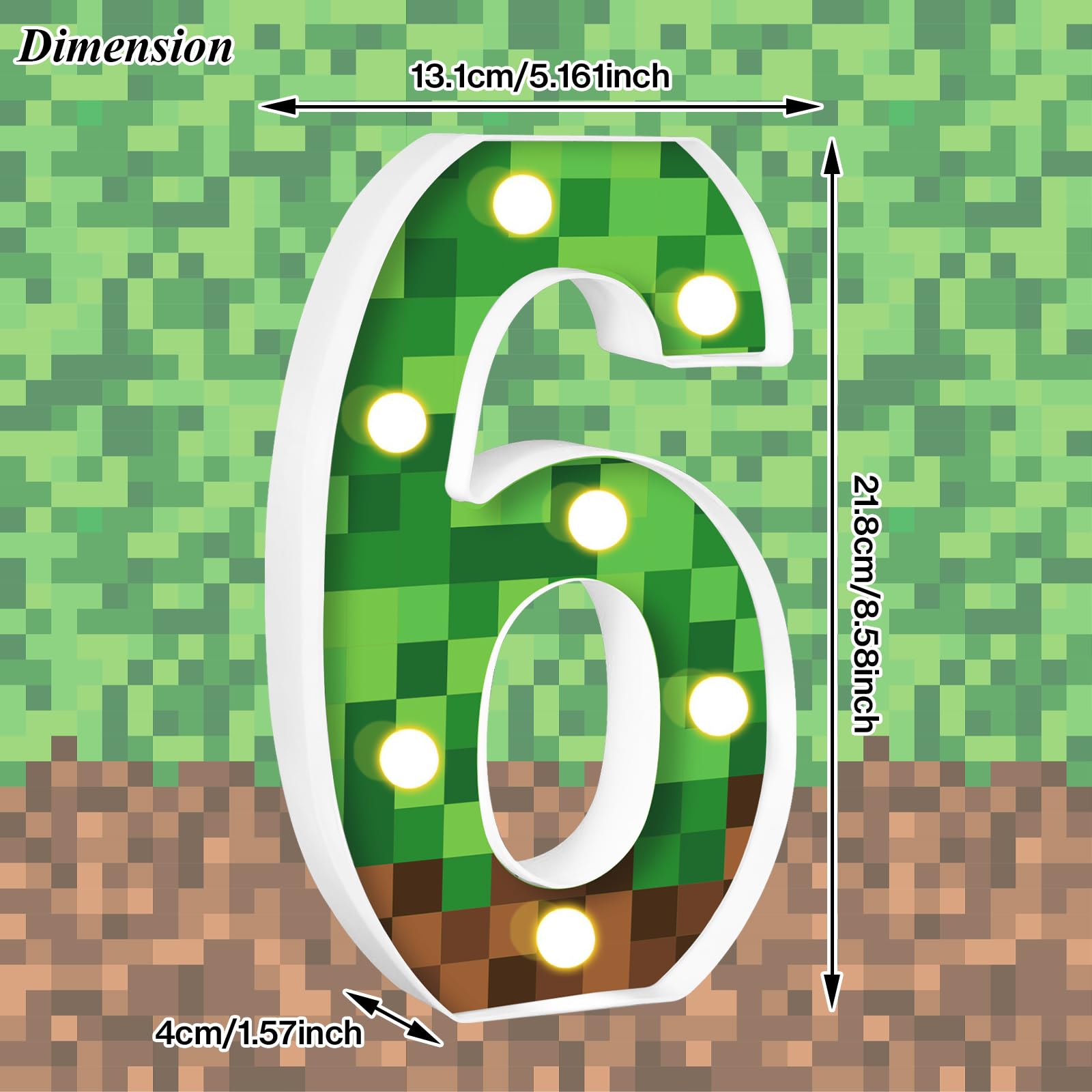 AXBMM Pixel Game Birthday Decorations Light Up Sign, Number 6, Green/Brown, PP Plastic, LED, Model XY-371