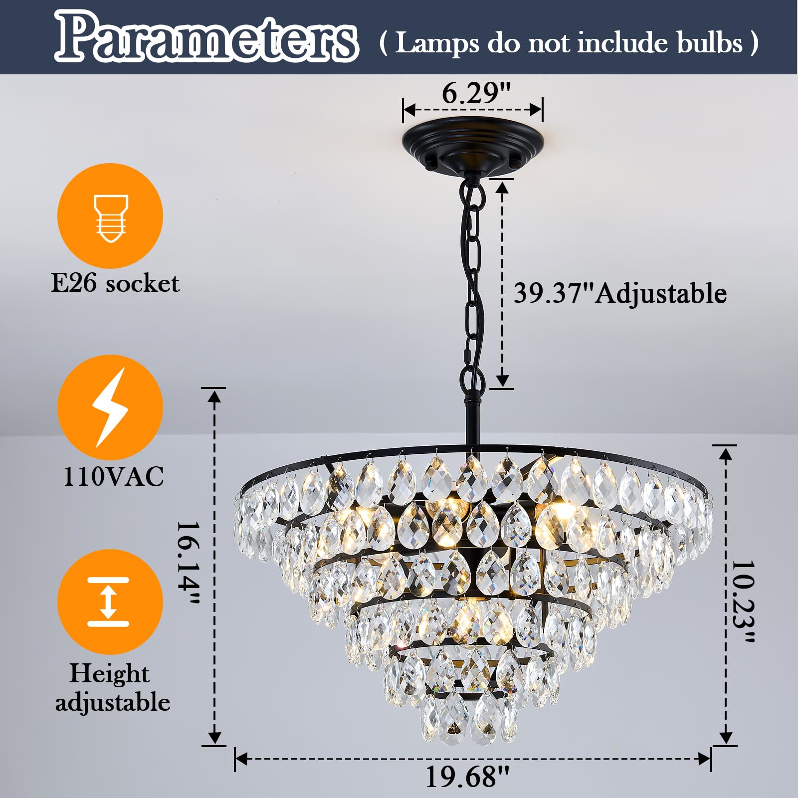 Yyjlx Modern Crystal Chandelier 7 Light 20'' Raindrop Black Ceiling Chandelier Adjustable Hanging Light Fixture For Dining Room