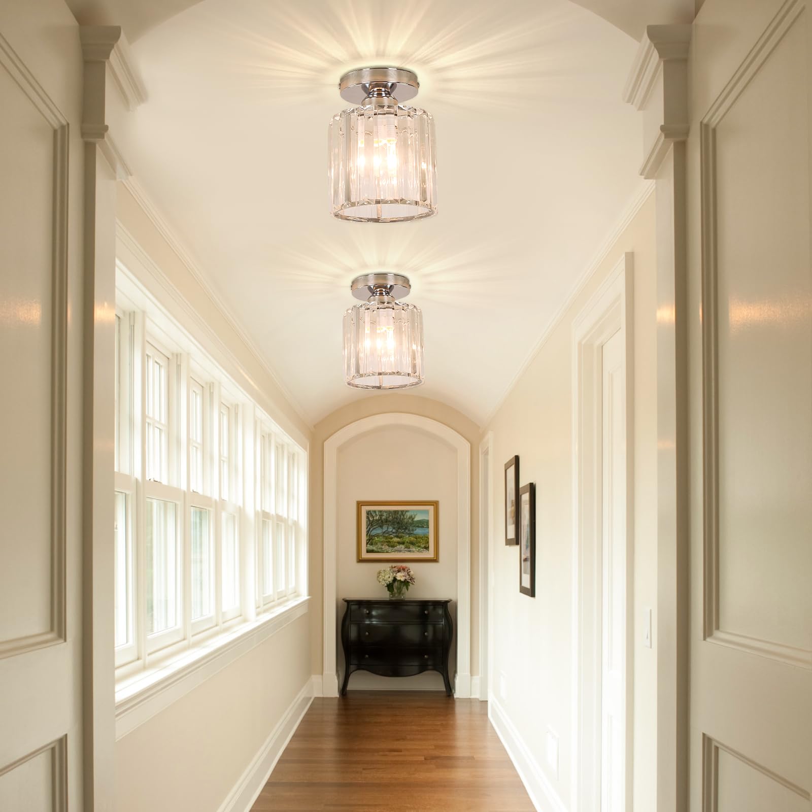 Frixchur Small Chrome Crystal Chandelier Ceiling Light Semi Flush For Hallway, Kitchen, Dining Room