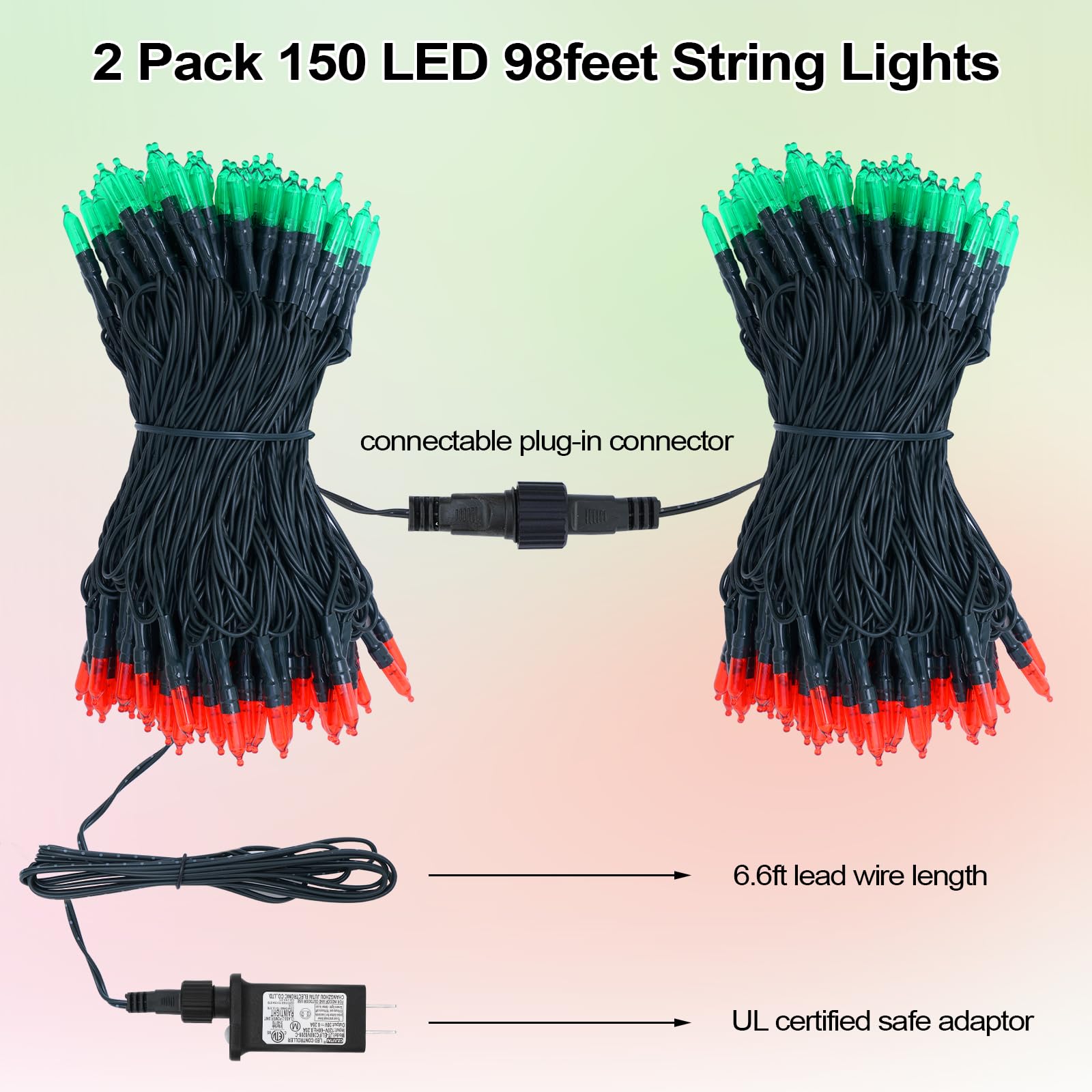 Illuminew Christmas Lights - 98Ft 300 Count Connectable Waterproof Led Fairy Lights Bulbs For Indoor Outdoor Christmas Tree Wedding ValentineS Day Decor (Red Green  150 Count - 2 Pack)