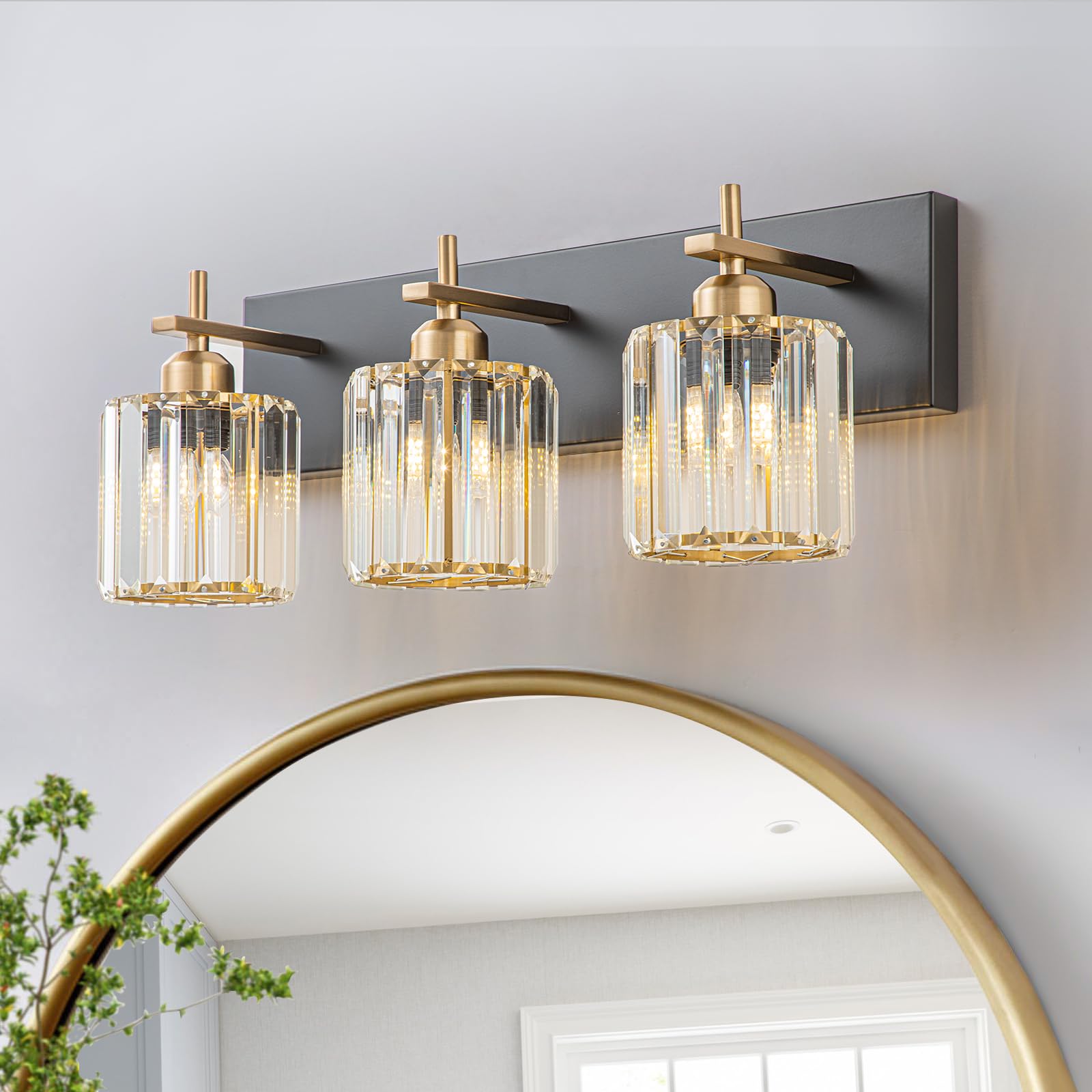 Huoku Modern Crystal Bathroom Vanity Lights, Black Gold 3-Lights Bathroom Light Fixtures Over Mirror, Crystal Wall Lighting With