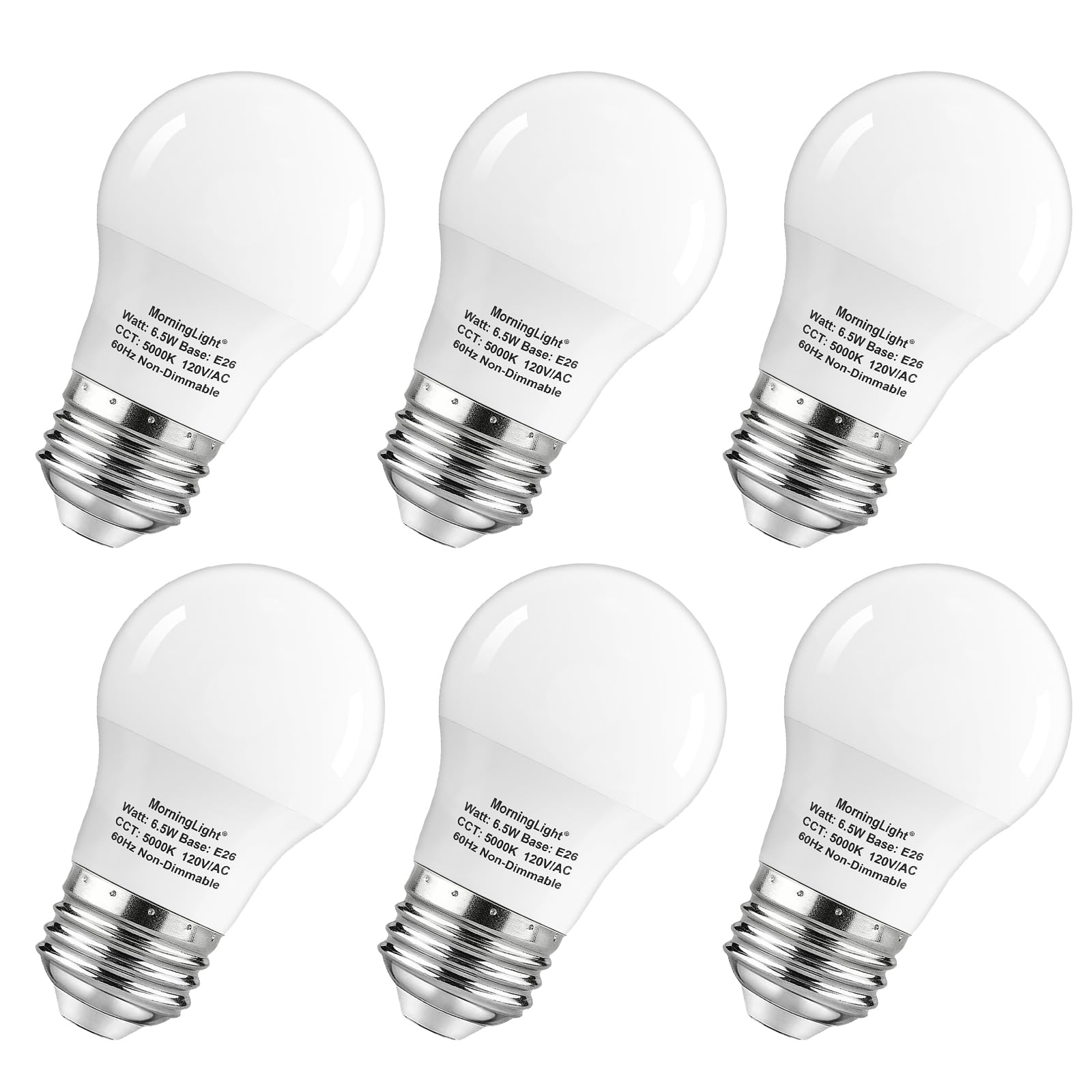 Morninglight 6 Pack A15 Led Bulbs 60W Equivalent, Non-Dimmable, Daylight 5000K, E26 Base, 6.5W 600 Lumens Bulb, A15 Led Light Bu