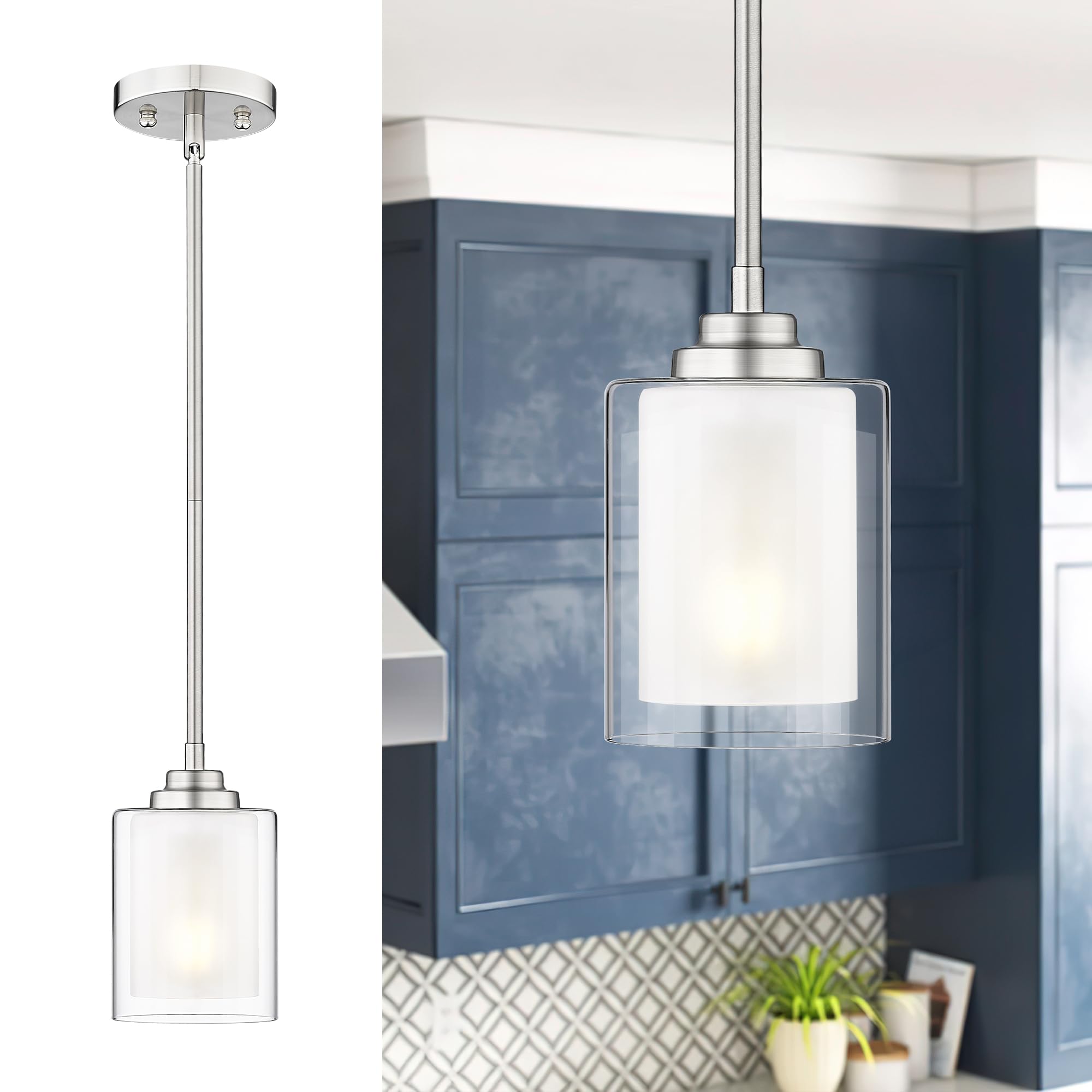 Tengxin Modern Pendant Light Brushed Nickel Modern Pendant Light For Kitchen Island Hanging Ceiling Light Fixture Farmhouse Pendant Lighting For Dining Room Bedroom Bar Office Txplbn02