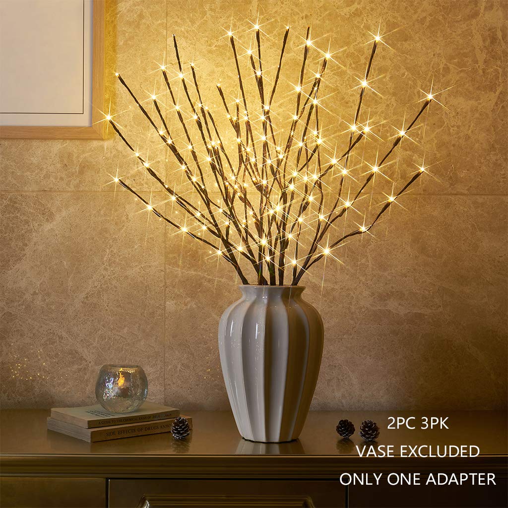 Vanthylit Lighted Twig Stakes Set of 2, 30" Brown Plastic, 120 Warm White Lights for Indoor/Outdoor Pathway Decoration