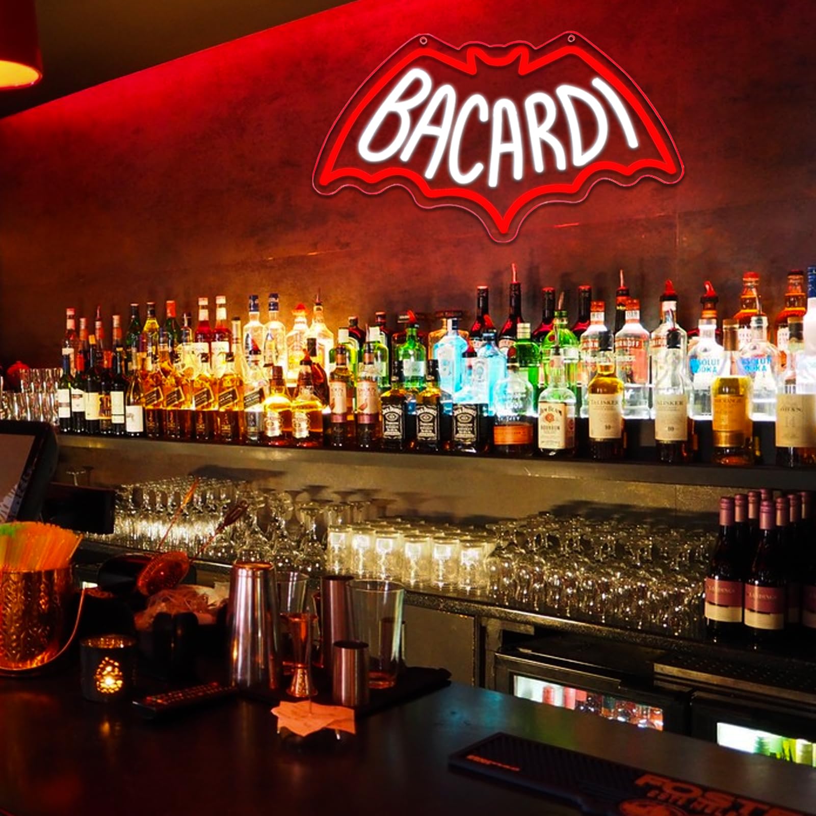 AHlove Neon Sign - Bacardi Rum Wall Decor, USB Powered Bar Light, Acrylic, 17x13 Inches, Model NS-BACARDI-002, Color BACARDI-002
