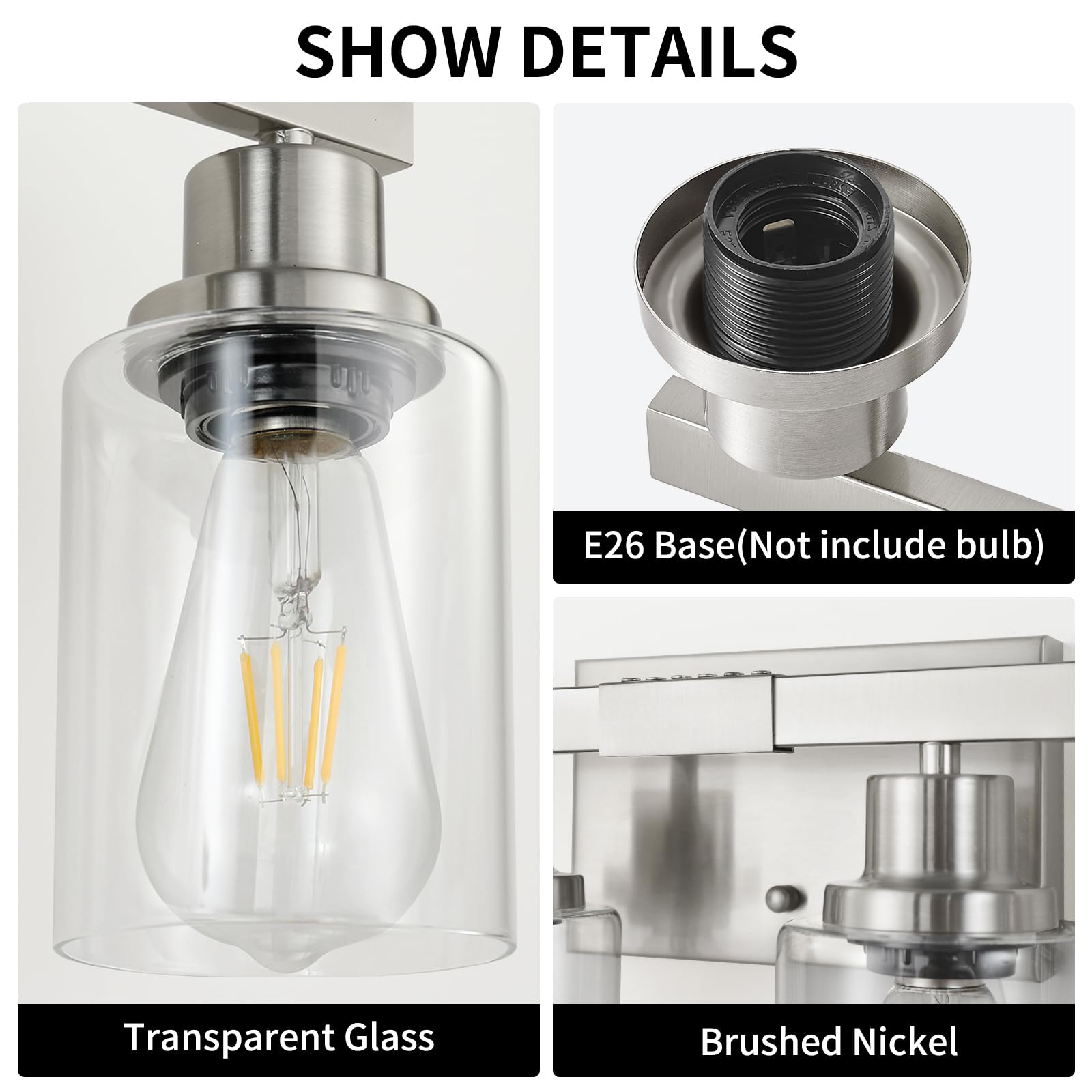 Dikaida 6-Light Bathroom Vanity Light, Nickel Metal Wall Sconce With Clear Glass Shade, Model Ns-6