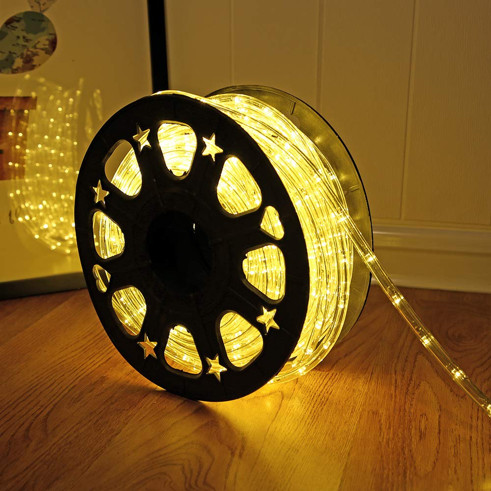 DINGFU 50ft LED Waterproof Rope Lights, Warm White, PVC Tube & Copper Wire, Indoor/Outdoor Use, Connectable for Deck, Patio, and Christmas Decor
