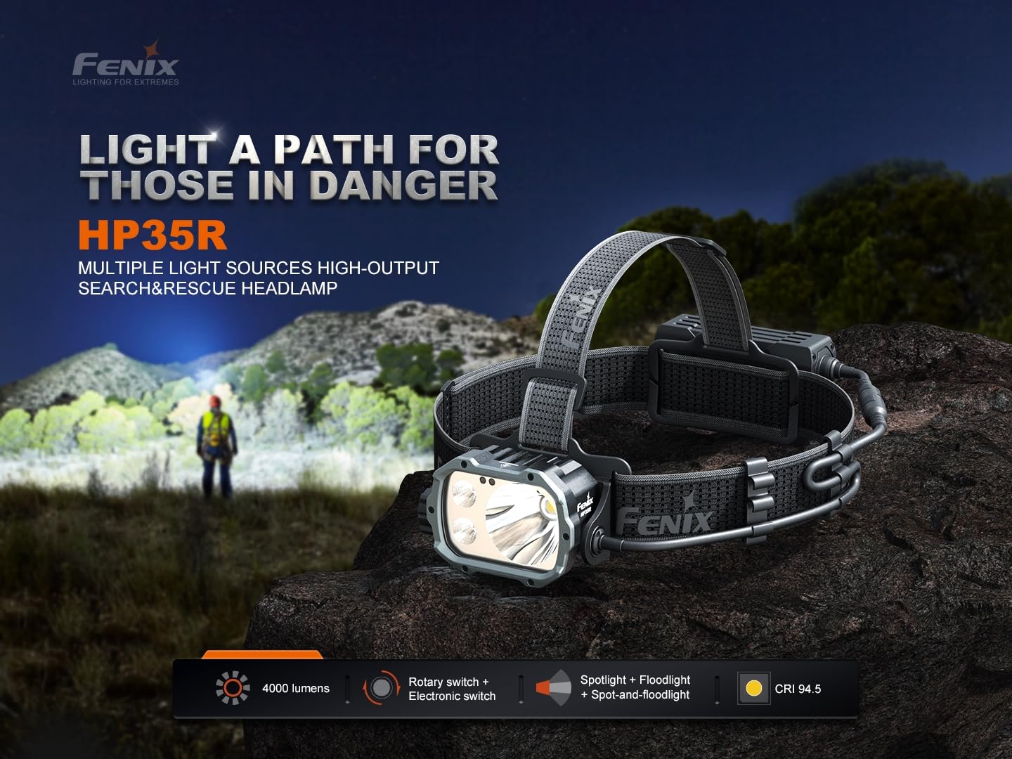 Fenix Hp35R Sar 4000 Lumen Usb-C Rechargeable Headlamp, With Spotlight And Floodlight And Flame Retardant Headband For Search An