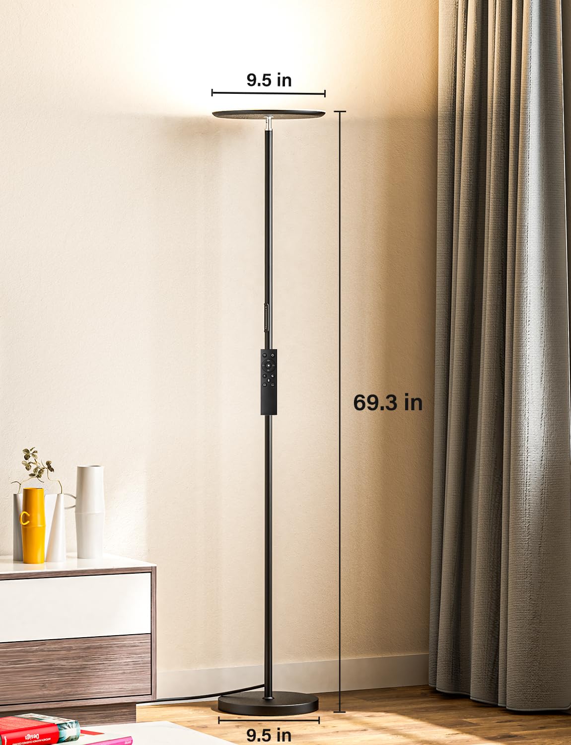 PreeOtti Modern LED Floor Lamp - 40W Dimmable Sky Torchiere, Remote & Touch Control, Large, Black