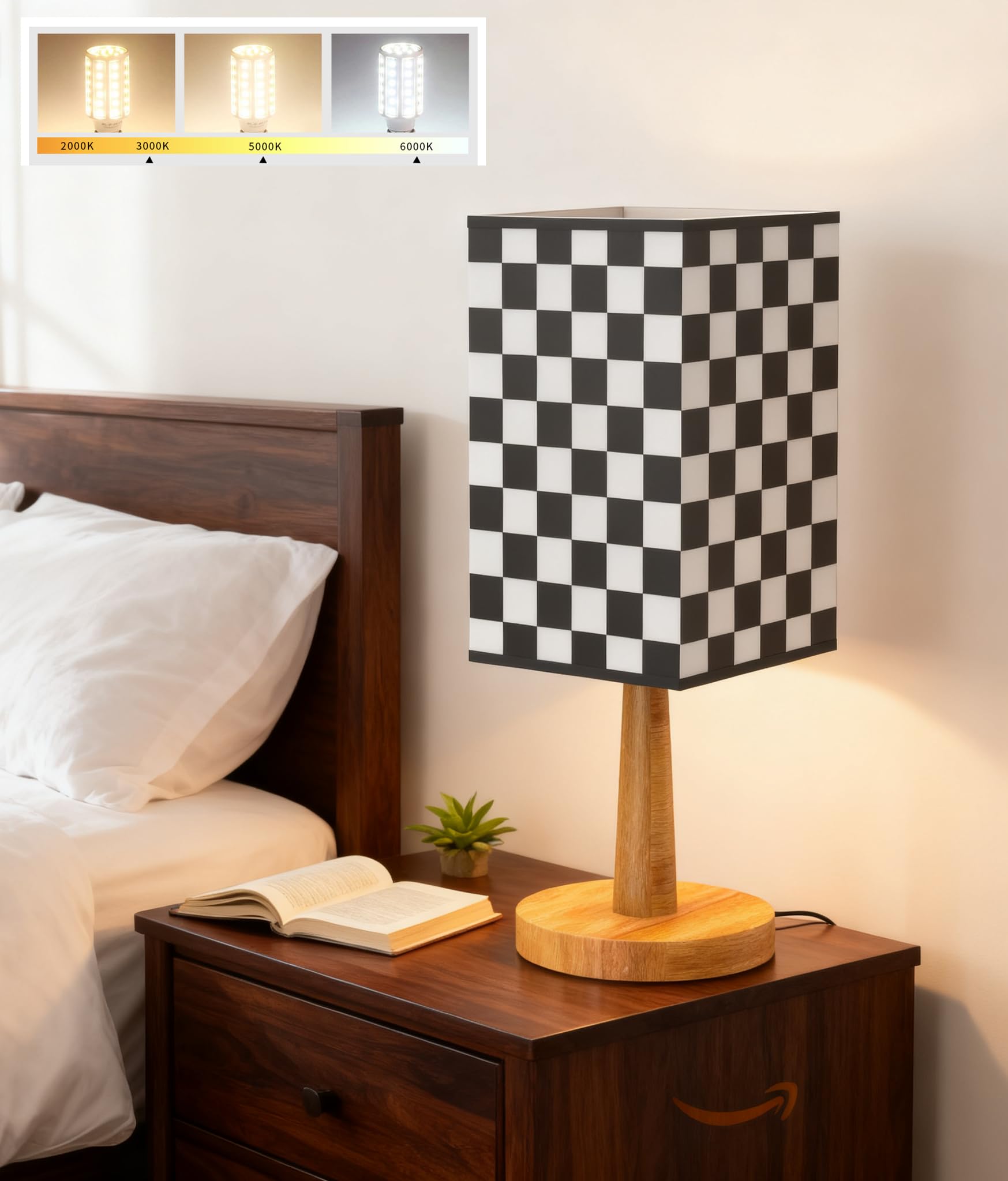 BGMUTCX Bedside Table Lamp with 12W LED Bulb  Chess Board Fabric Shade (Racing Flag Black and White Pattern)  3 Color Modes - Suitable for Bedroom  Nightstand  Office  Living Room  Guest Room