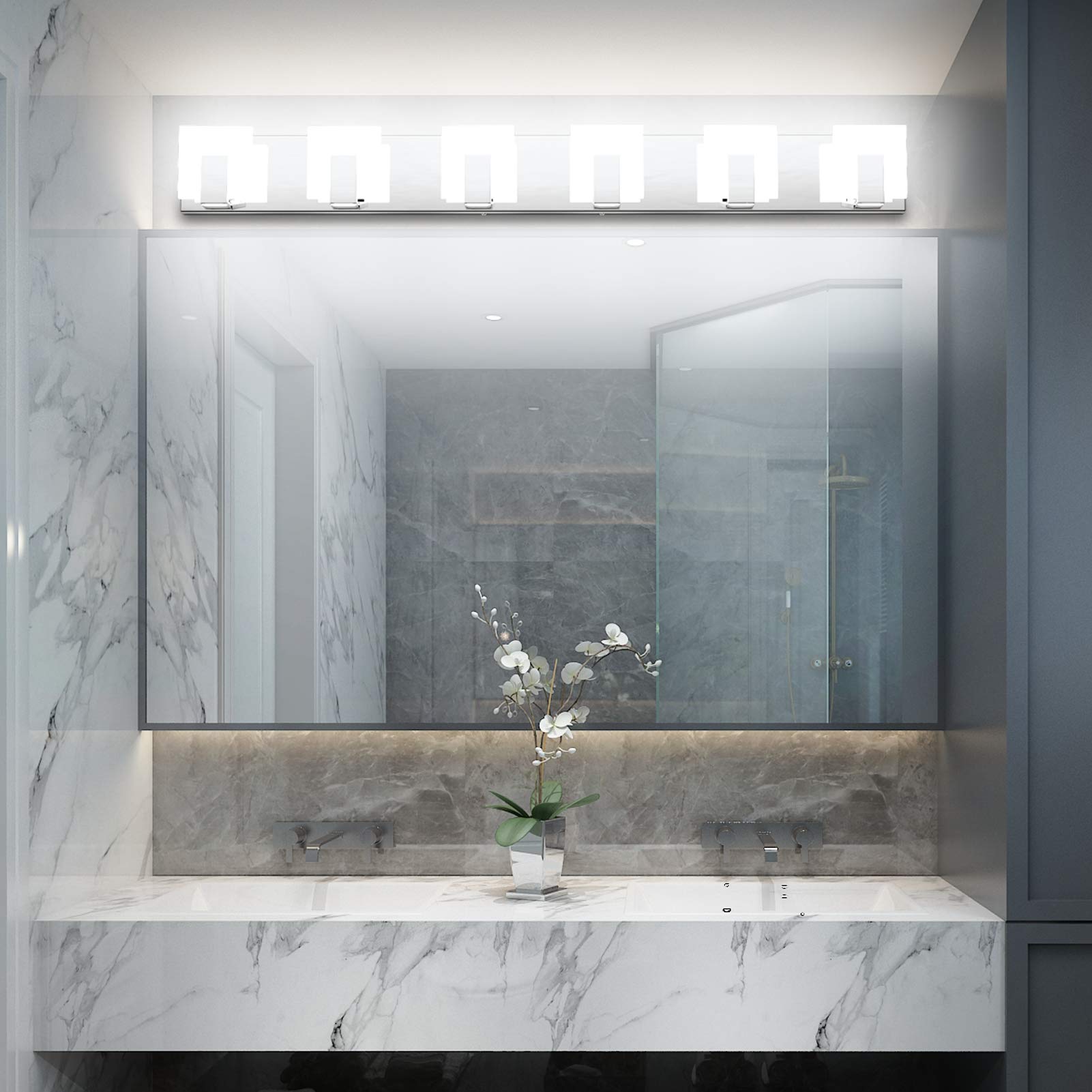 Aipsun Modern LED Bathroom Vanity Light, 6 Lights, Stainless Steel, Chrome, Model Ca-1105-6T, White Light 6000K