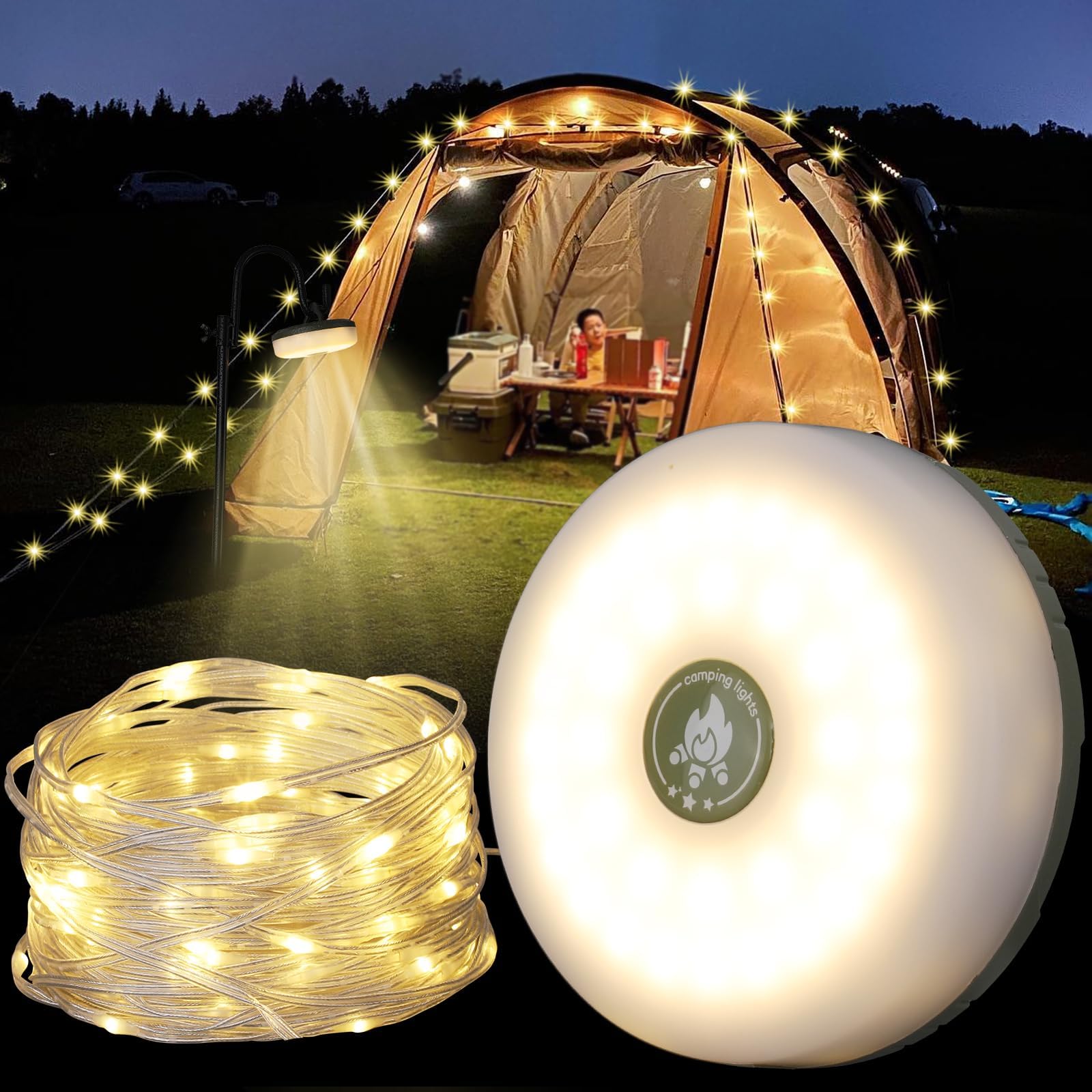 Camping String Lights, Rechargeable Tent Lights String with 8 Lighting Modes, Camping Essentials Gear 32.8FT Lamp Light, Recharg