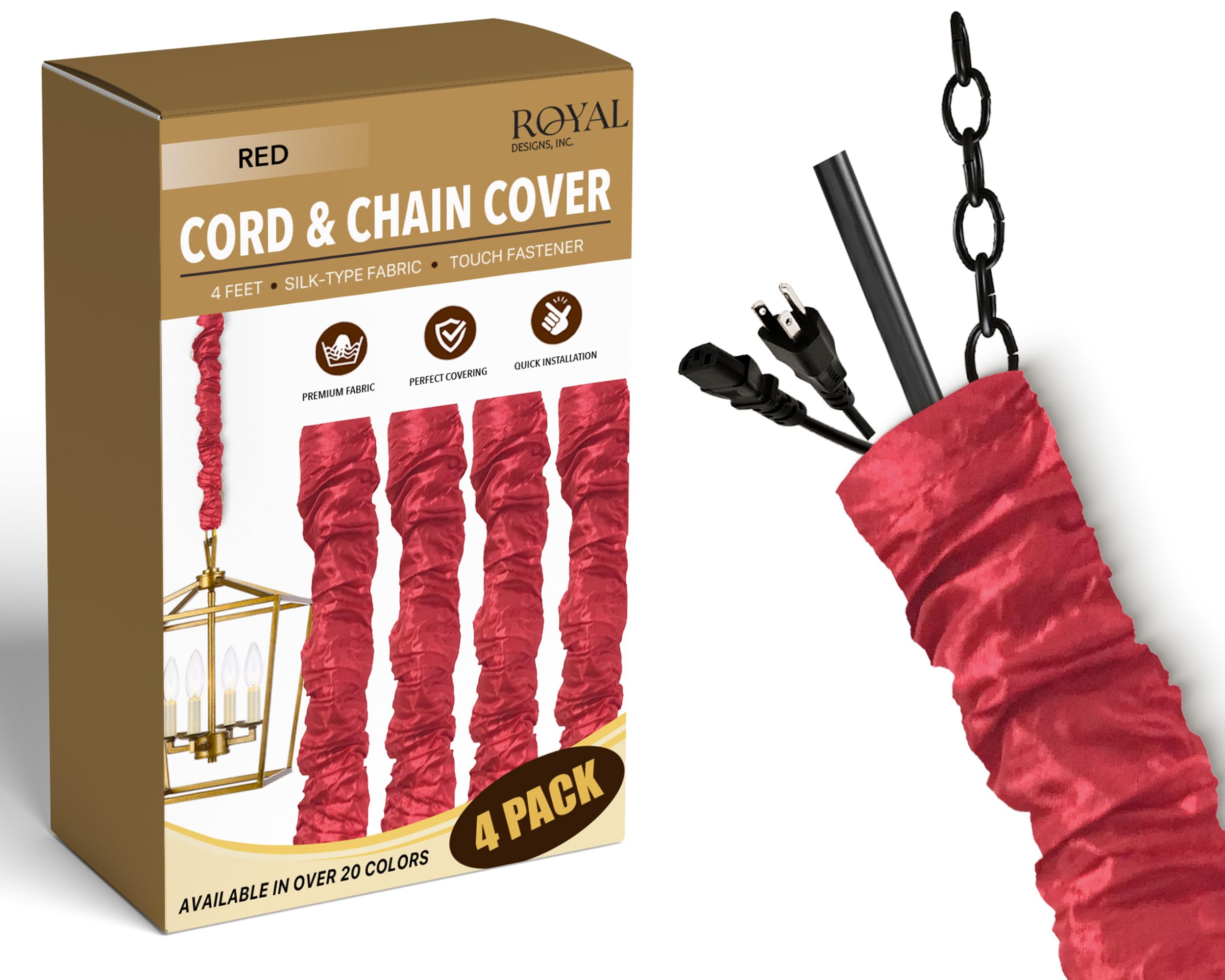 Royal Designs, Inc. Chandelier Chain Cover, 4 ft Silk Fabric, Touch Fastener, Red, 4 Pack