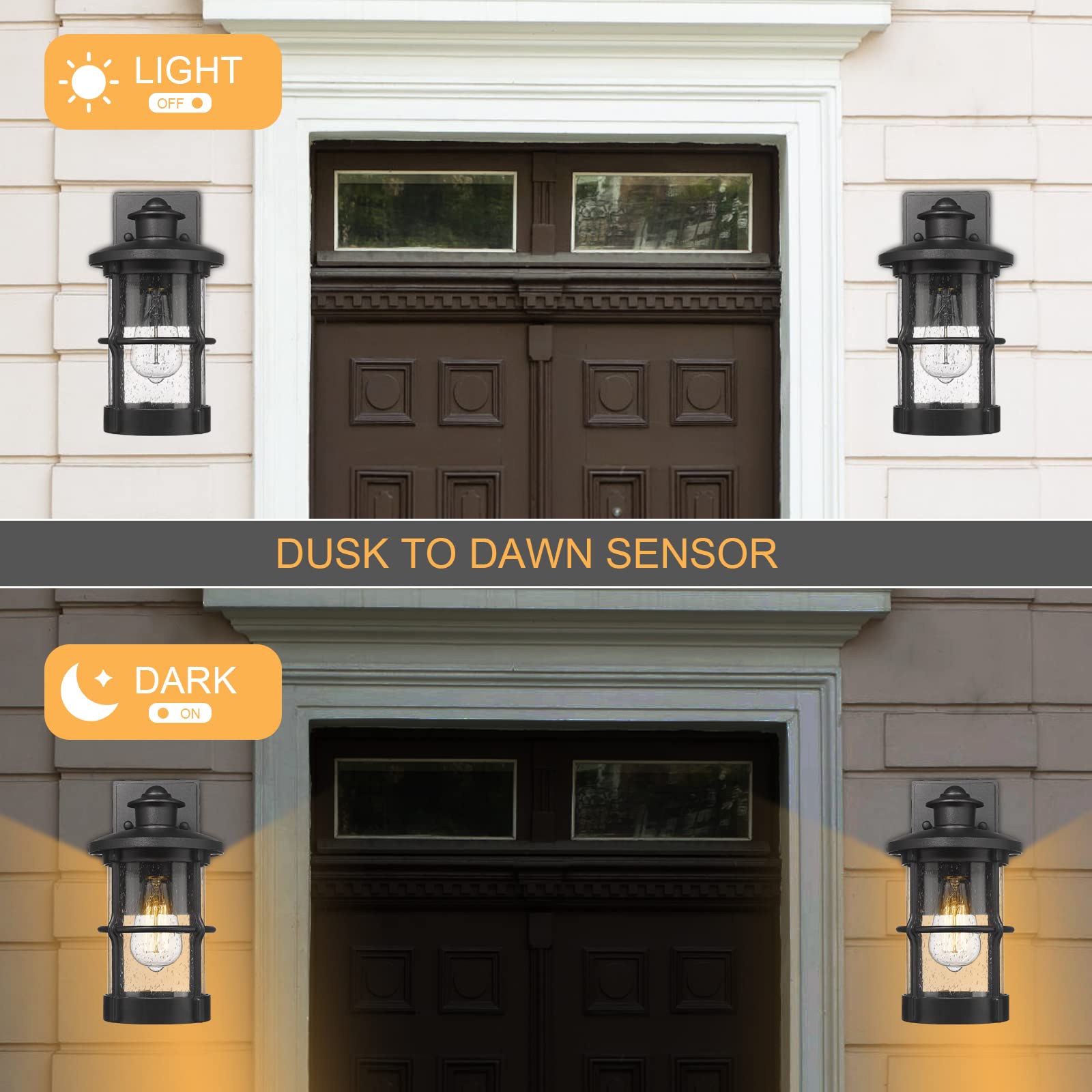 Rosient Outdoor Wall Sconce - Dusk to Dawn Black Metal Entryway Light Fixture, Model DDLTM-W, Seeded Glass, 1 Pack