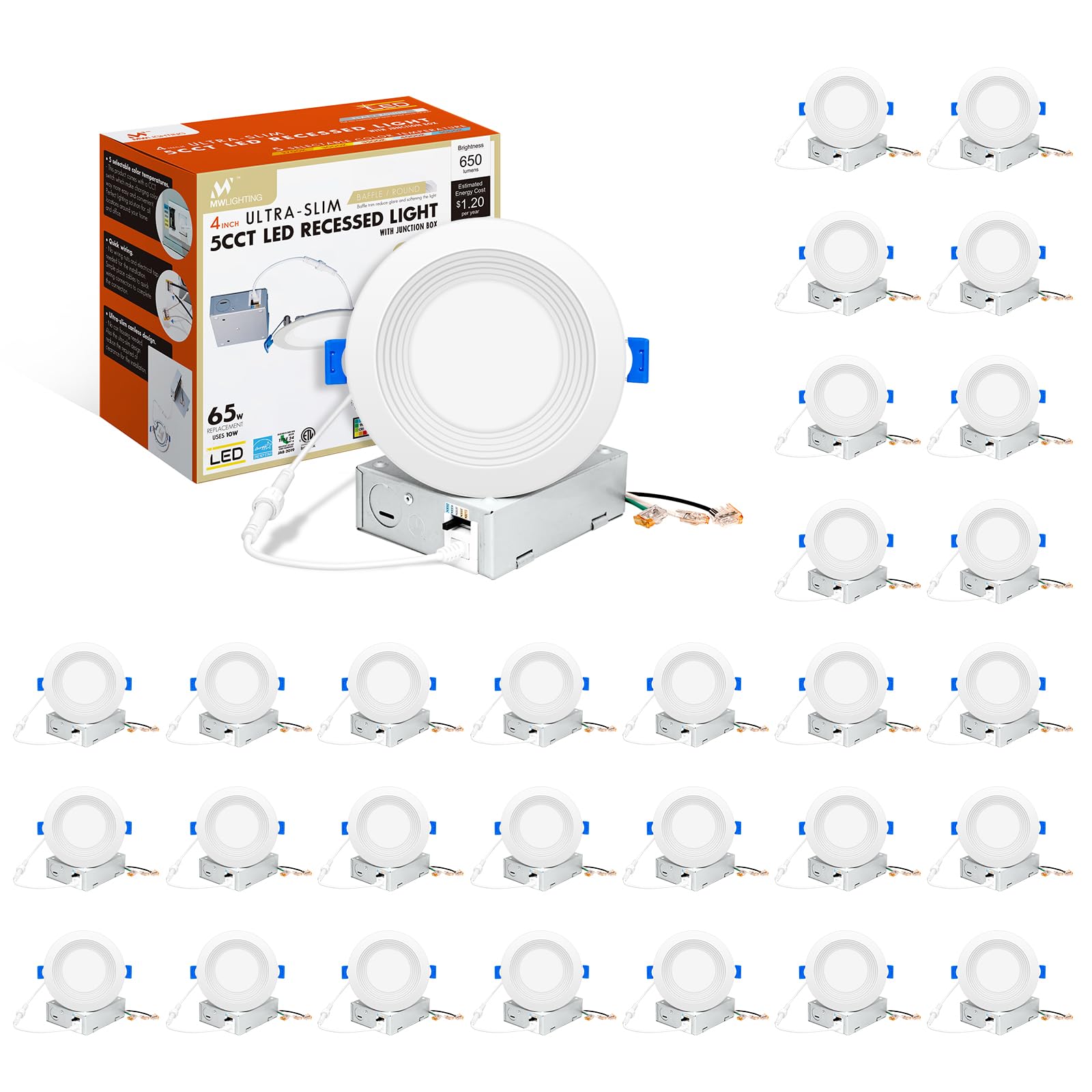 Mw 30 Pack 4 Inch 5Cct Ultra-Thin Led Recessed Light With Junction Box,Dimmable 4 Inch Wafer Led Lights, 10W High Brightness Dow