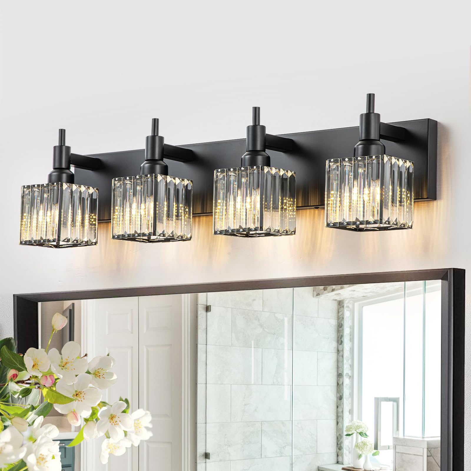 HUOKU 4-Light Bathroom Vanity Light Black Metal Crystal Wall Sconce Square Shade Model HK-BCL001