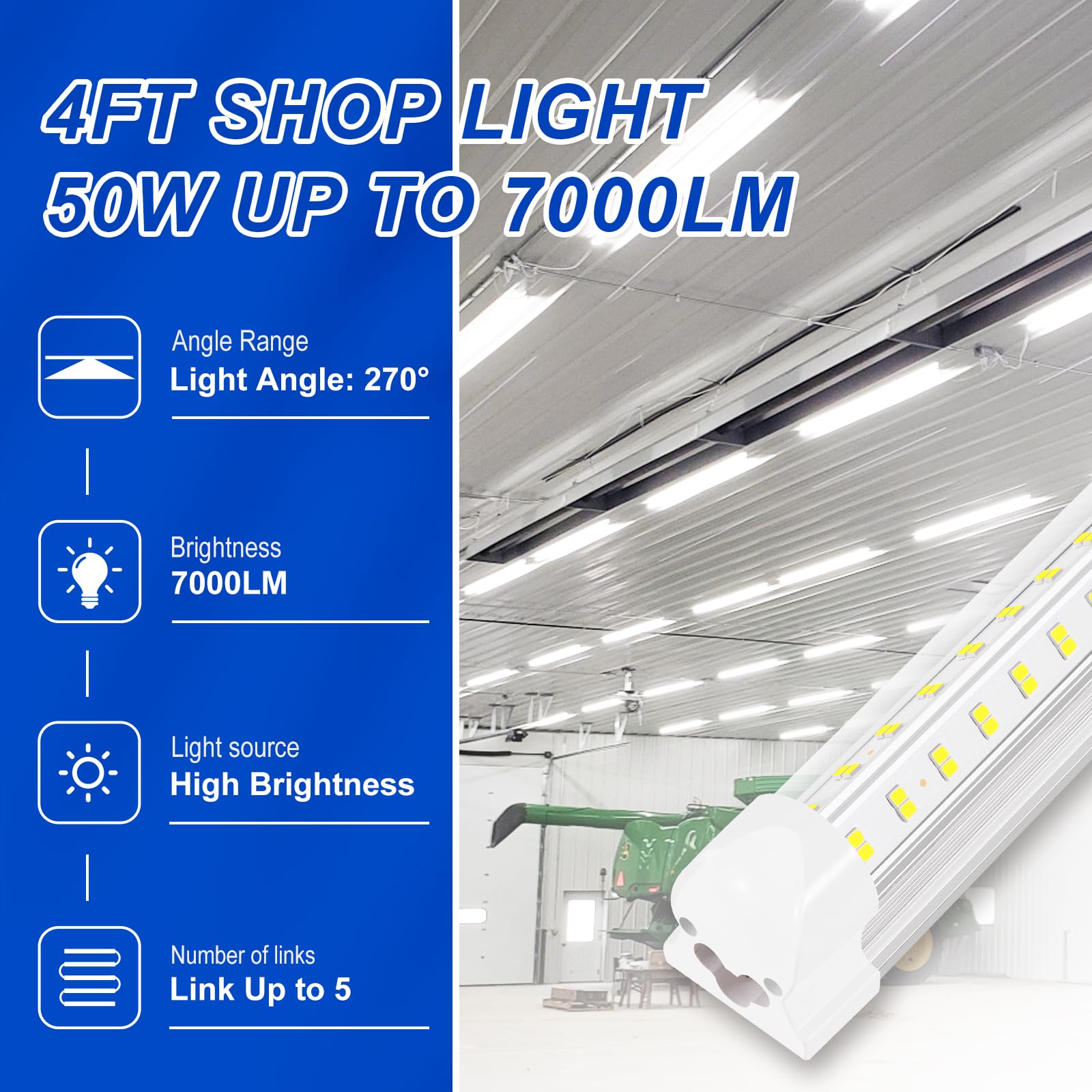 Xlnyuui Led Shop Lights, 4Ft Led Light 50W 6500K 7000Lm Daylight,Led Garage Light,Linkable Clear Cover Integrated V-Shape For Ga