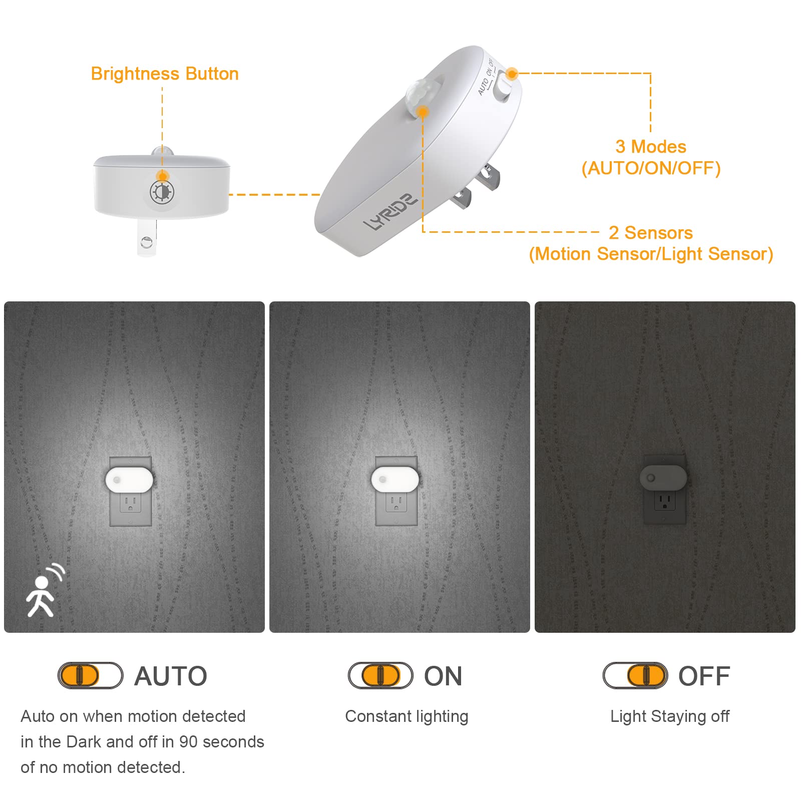 Lyridz Motion Sensor Night Light 1-120LM, Cold White, 2 Pack, Adjustable Brightness, LED Nightlight for Bedroom, Kitchen, Stairs