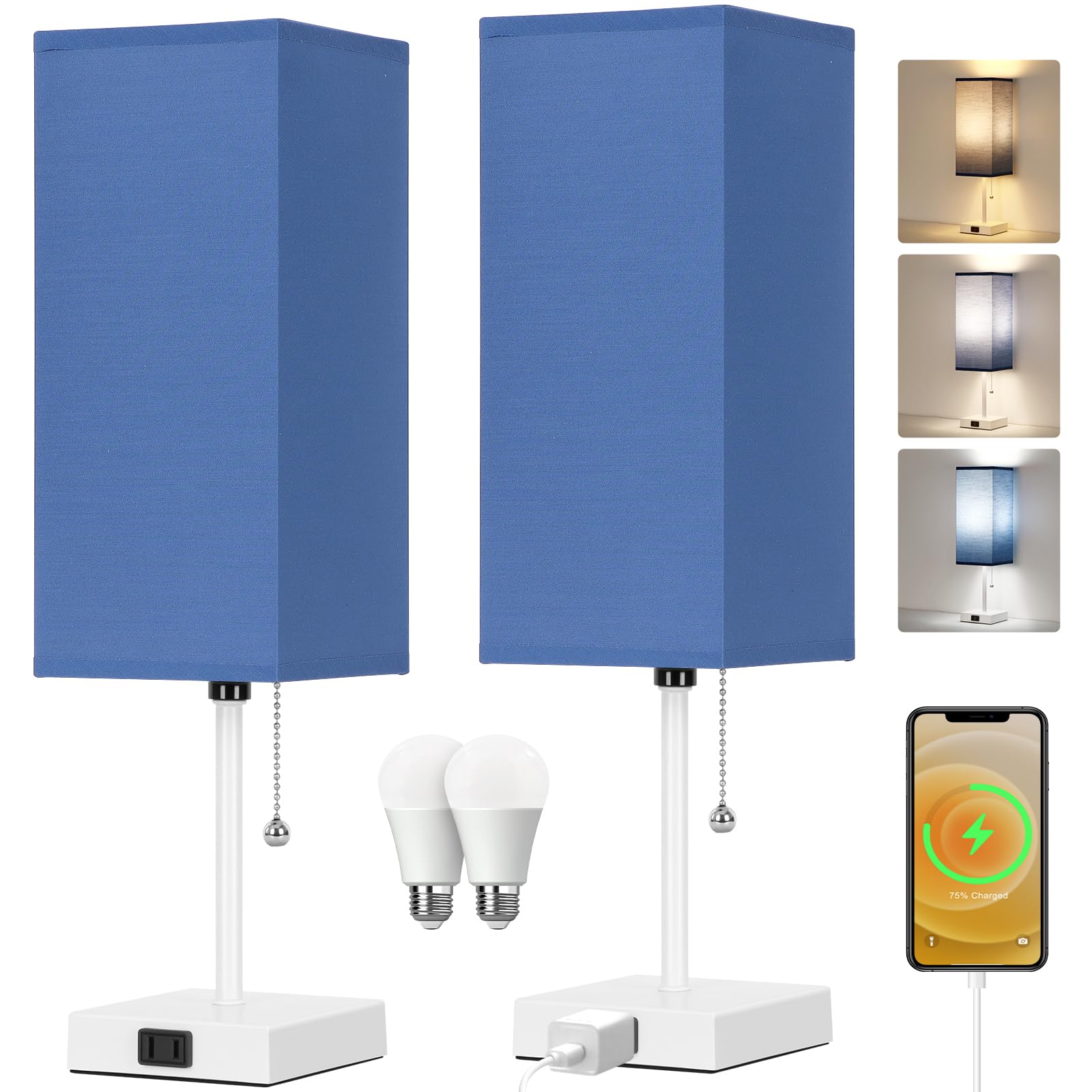 Dott Arts Table Lamp Set of 2, 3-Color Pull Chain, 18in Plastic Nightstand Lamps, White-Blue, Model PTL6W-026